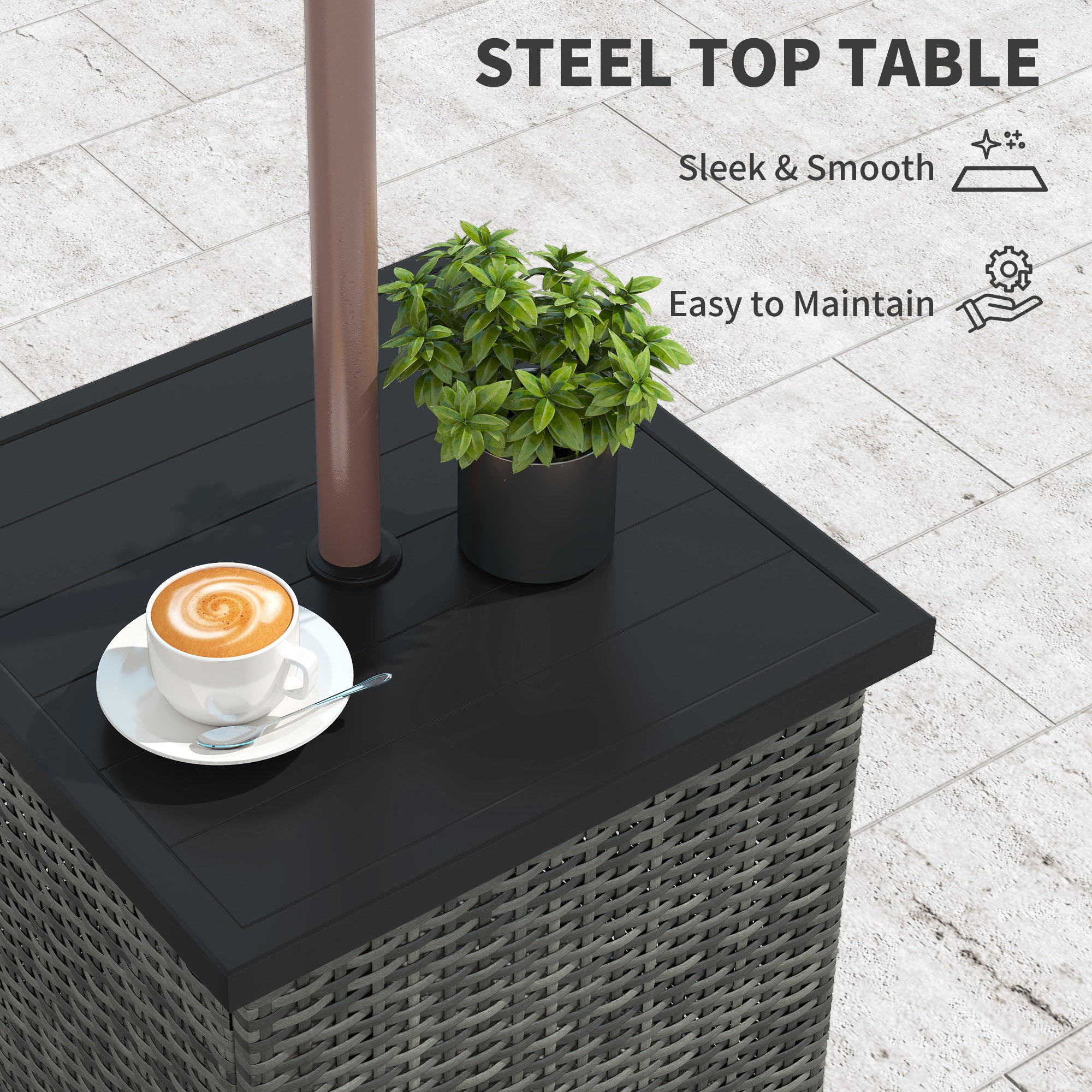 Outsunny Wicker Side Table with 1.5" Umbrella Hole, Square Outdoor End Table with UV-Resistant Frame, Storage Space, Mixed-Gray