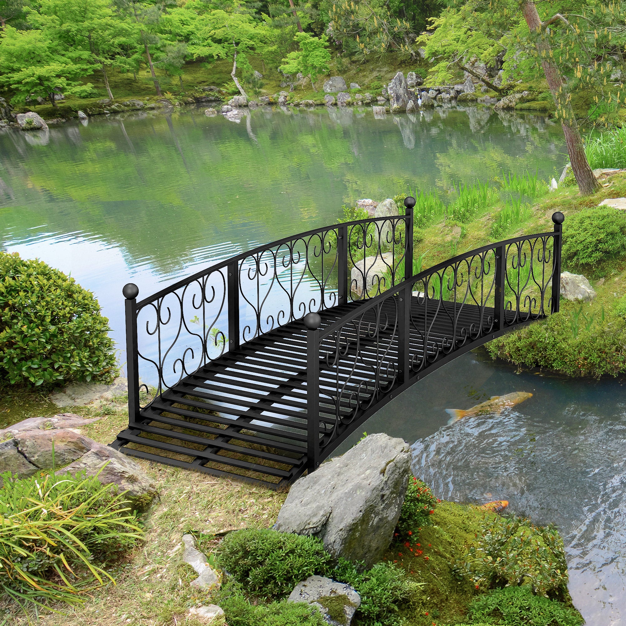 Outsunny 7' Metal Arch Garden Bridge Arc Footbridge with Side Railings Decorative Scrollwork, Black