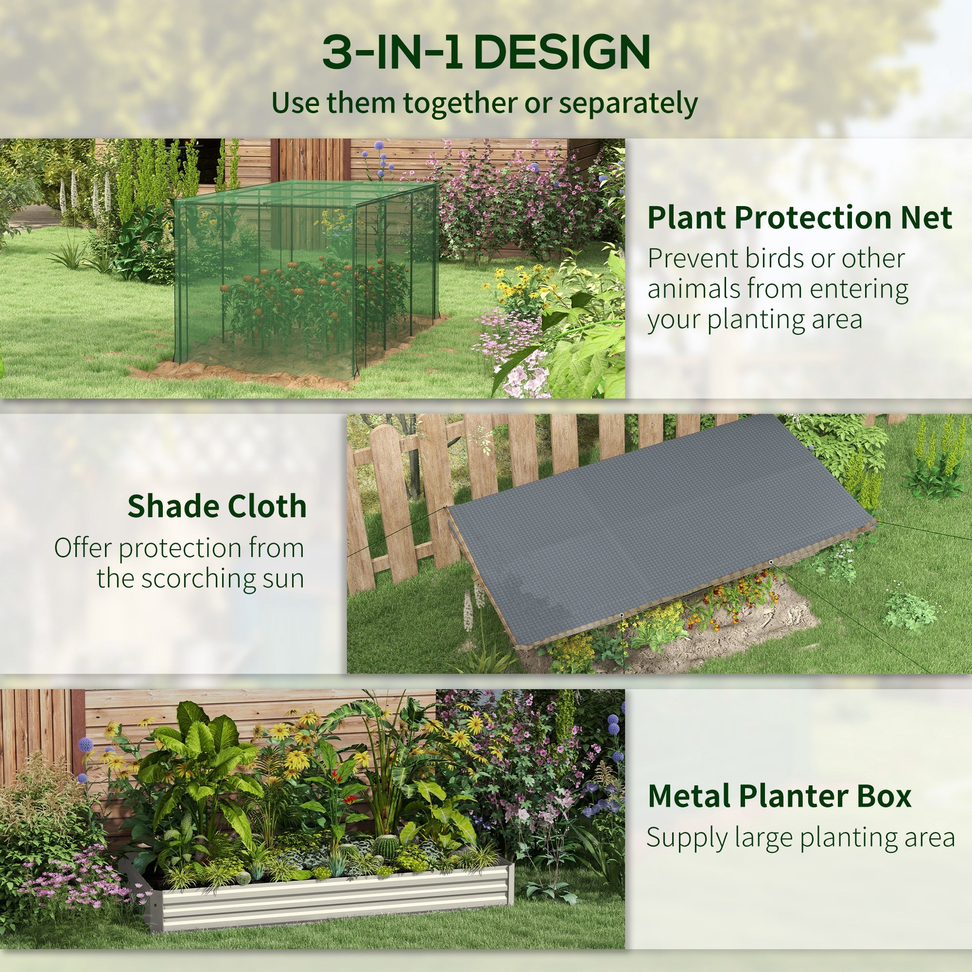 Outsunny Galvanized Steel Planter Box with Crop Cage and Shade Cloth, Raised Garden Bed for Flowers, Veggies and Herbs, Beige