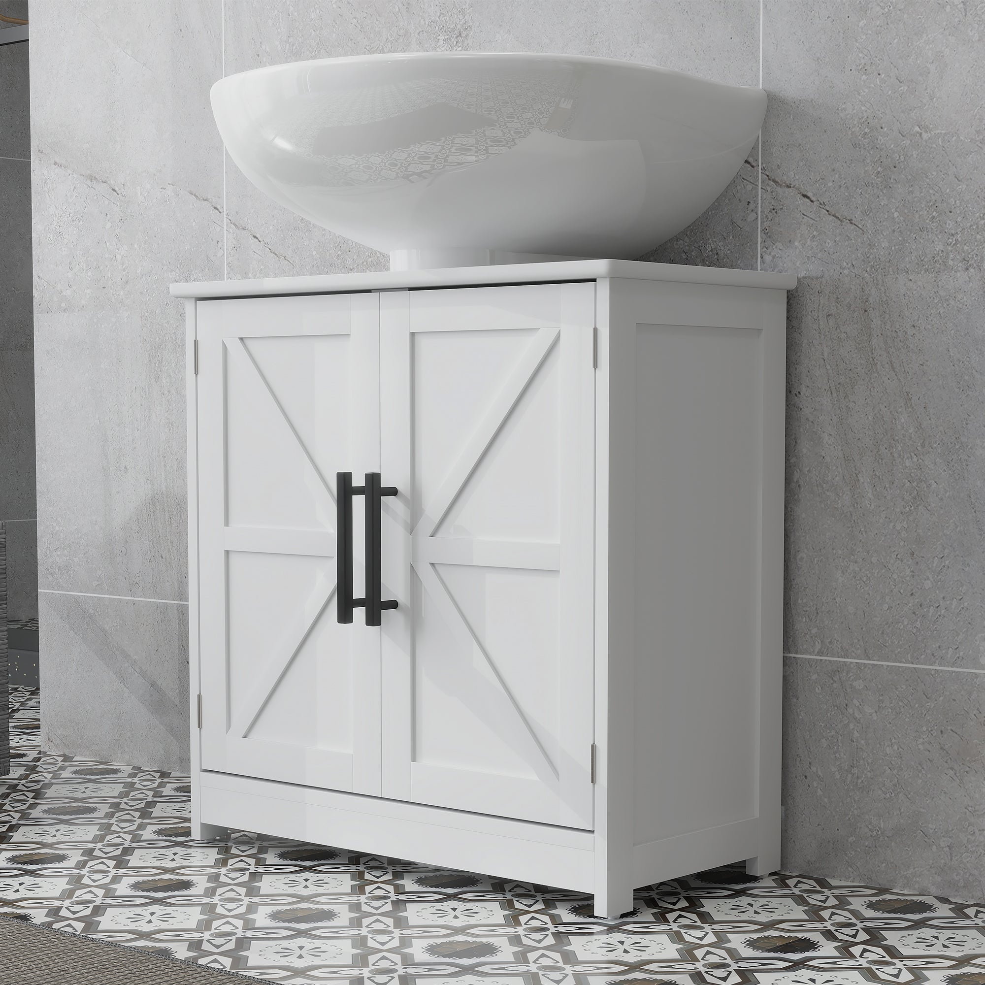 HOMCOM Farmhouse Pedestal Sink Storage Cabinet, Bathroom Sink Cabinet with 2 Barn Doors and Adjustable Shelf, White