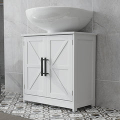 HOMCOM Farmhouse Pedestal Sink Storage Cabinet, Bathroom Sink Cabinet with 2 Barn Doors and Adjustable Shelf, White
