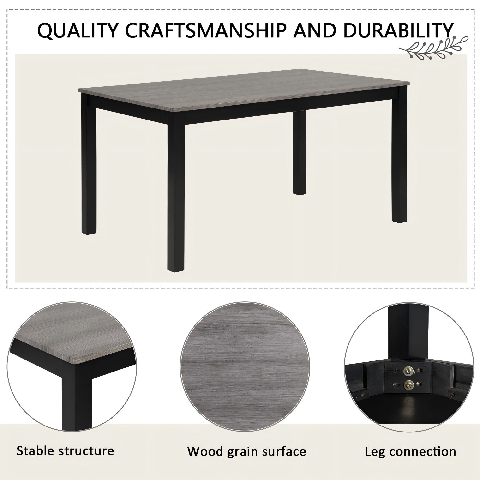 Modern 6-Piece Dining Table Set with Bench and Chairs for Dining Room or Kitchen – Light Grey & Black Two-Tone