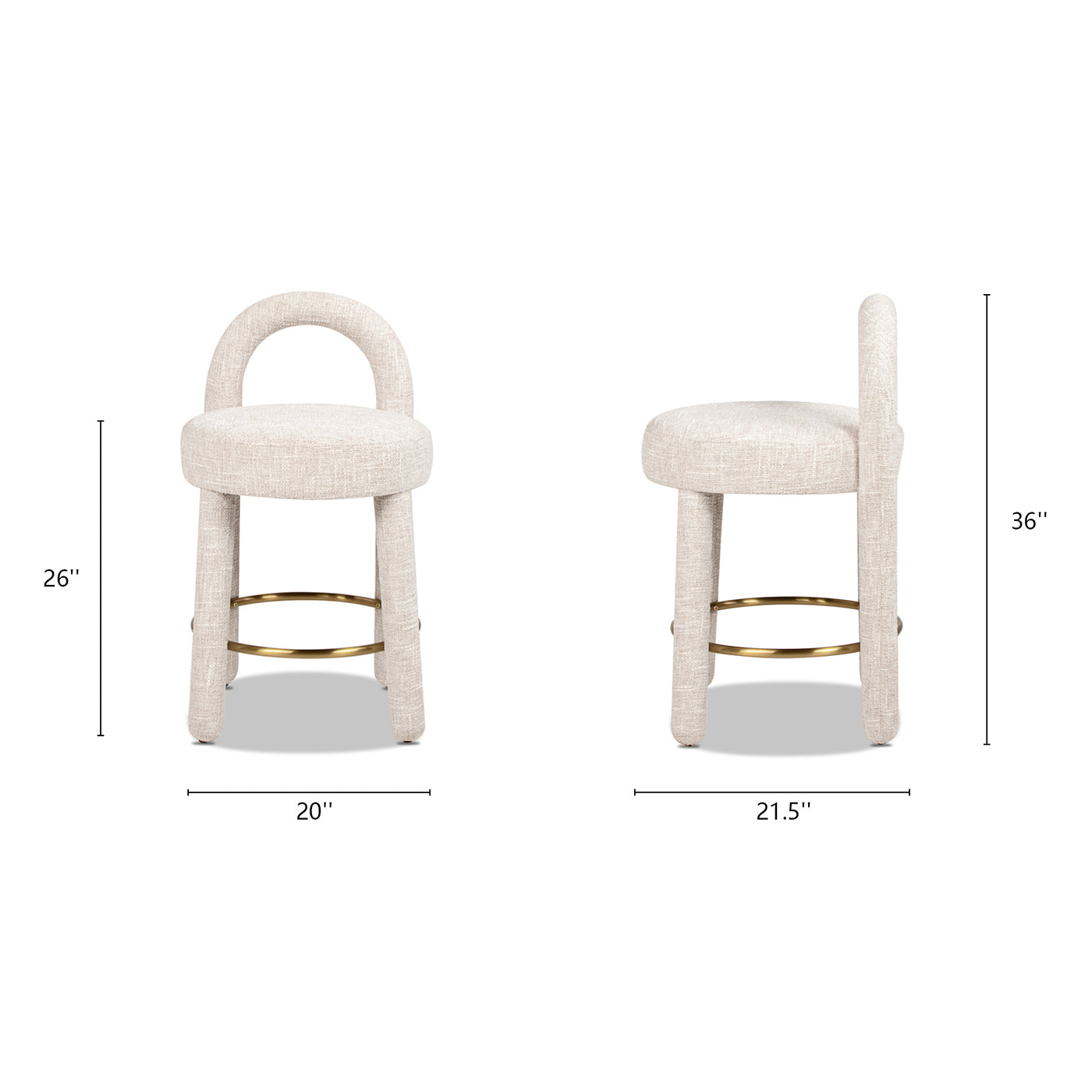 Penny 26.5" Round Arched Upholstered Counter Stool, Set of 2, Travertine Beige Chenille