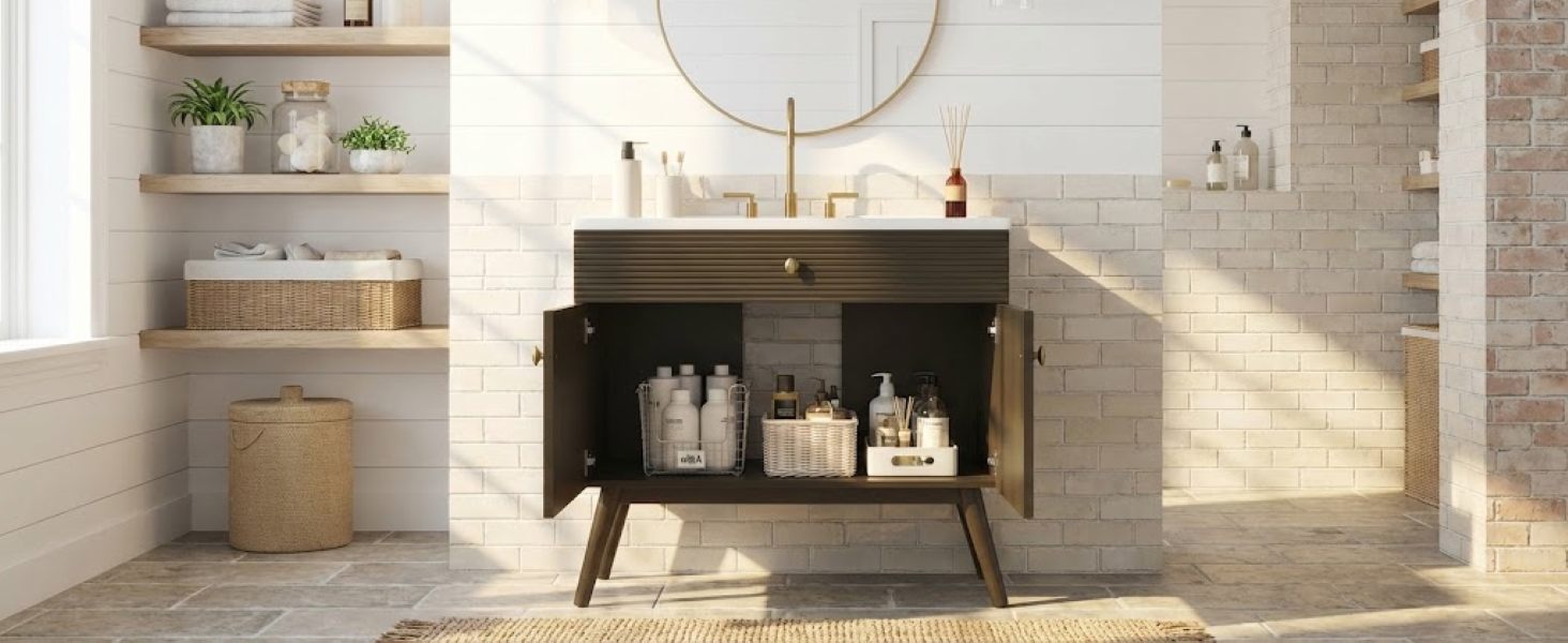 36" Luxury Striped Dark Brown Vanity: Soft-Close Dual-Door Storage & Premium Ceramic Sink
