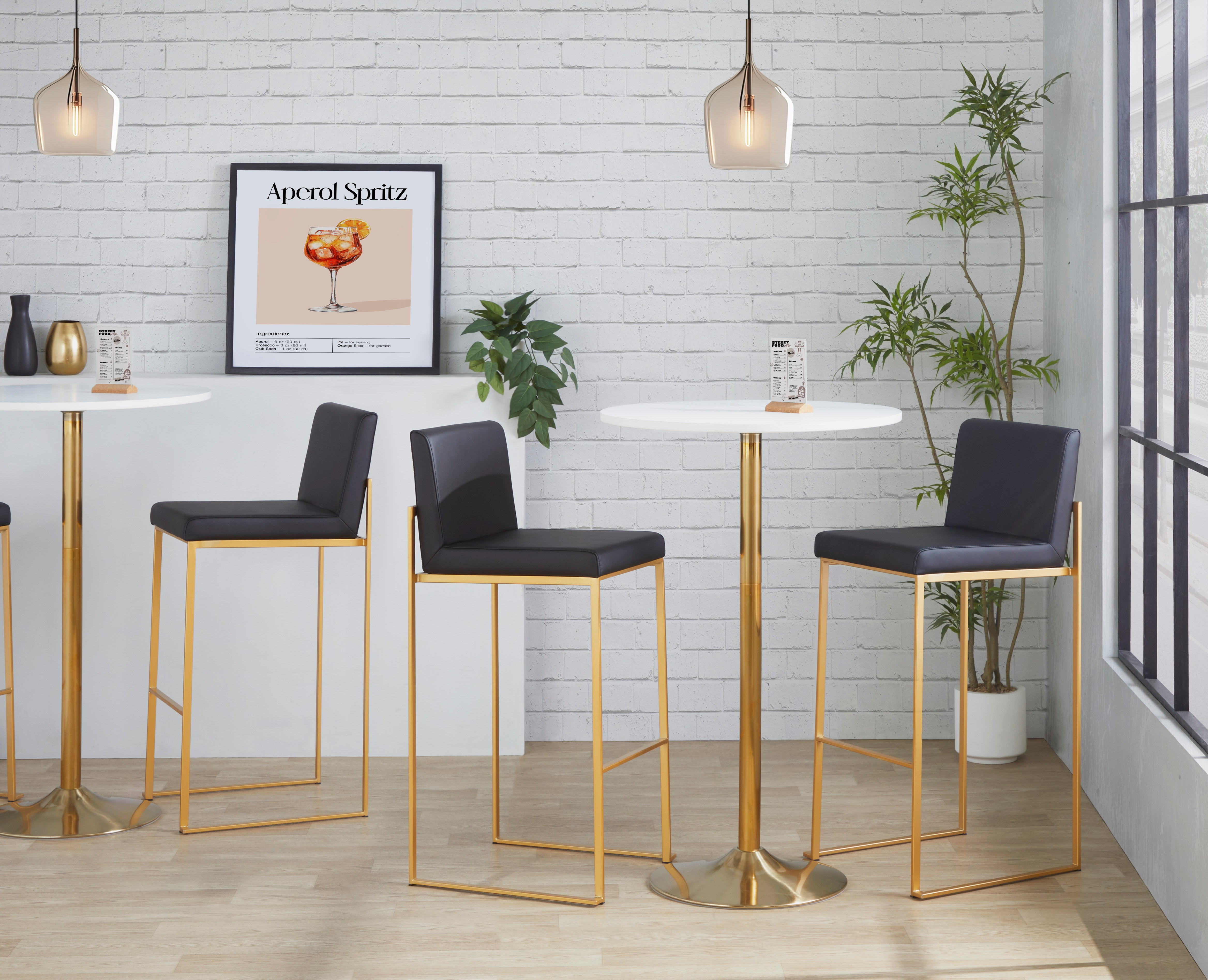 Fuji Contemporary High Back Barstool in Gold Steel and Black Faux Leather by LumiSource - Set of 2