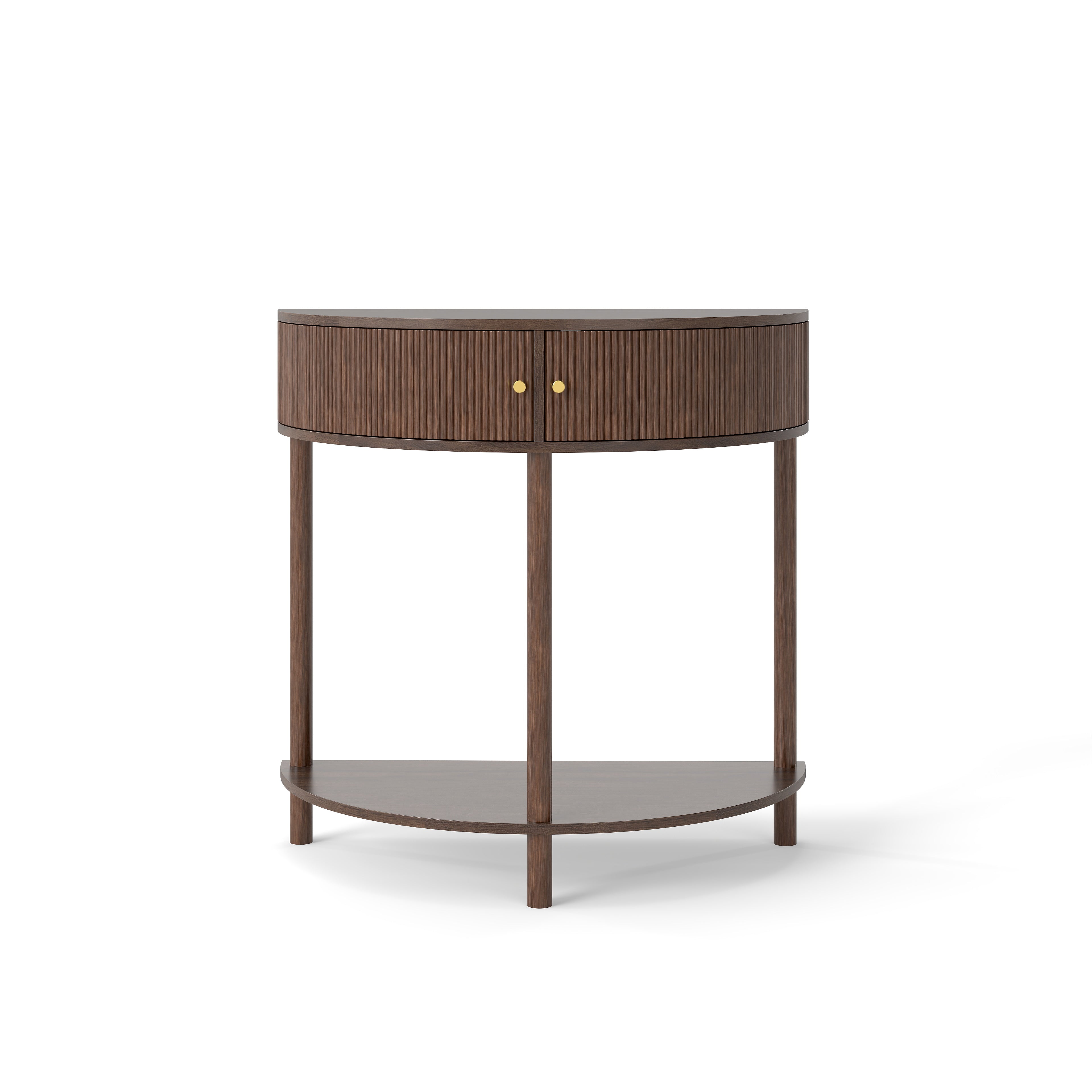 Artisan-Crafted Wave-Pattern Demi-Lune Console Table with Brown Woodgrain,Unique Half Moon Design End Table with 2 Storage Drawers and Bottom Shelf for Living room, Bedroom, Study, Hallway