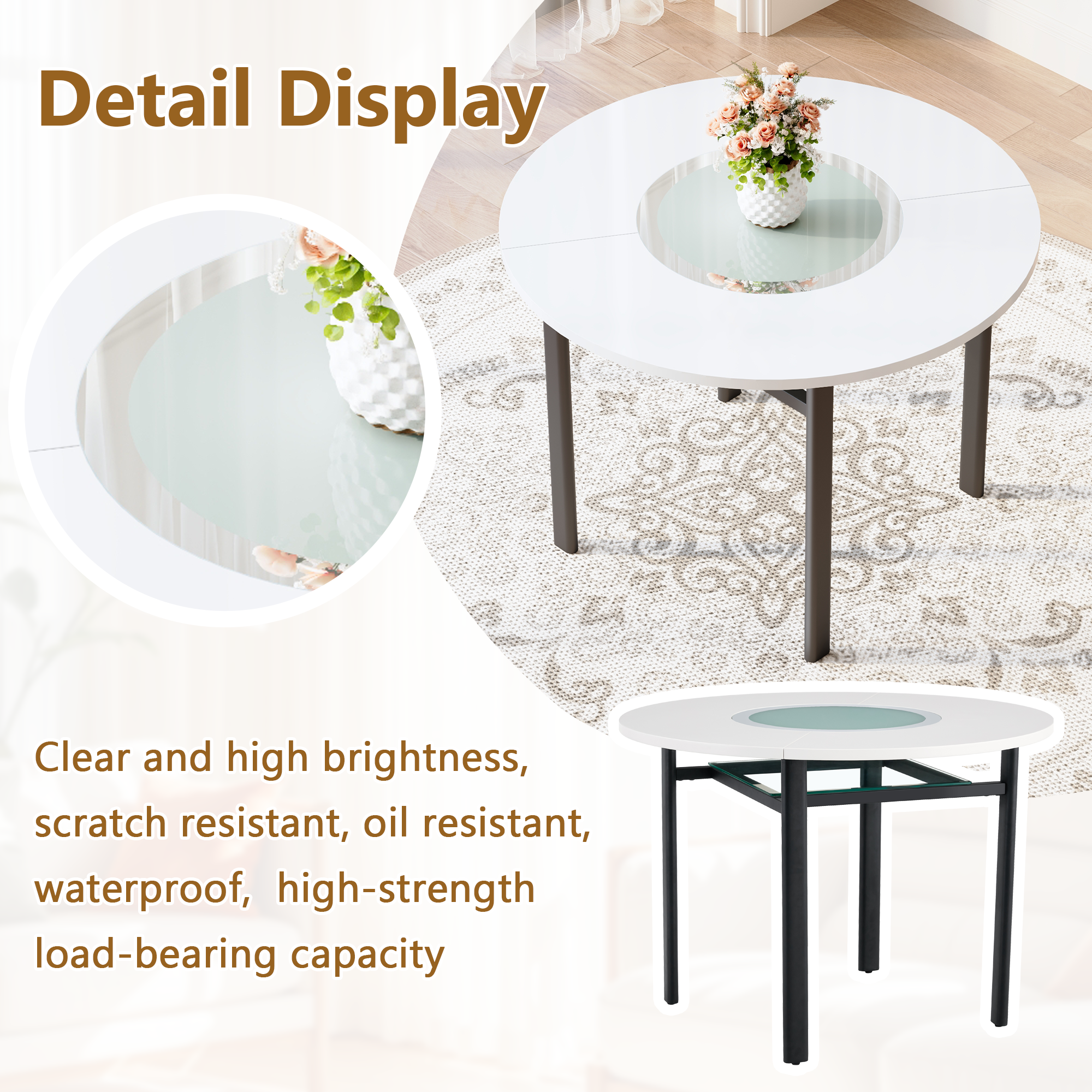 Table and chair set.42 inch modern minimalist white desktop round dining table set.Paired with 6 Black Artificial PU Chairs With Curved Widened Cushion Design. Suitable for dining rooms,office,etc.