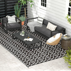 Outsunny Reversible Outdoor Rug Carpet RV Camping Rugs with Carry Bag, 9' x 18', Black & White Clover