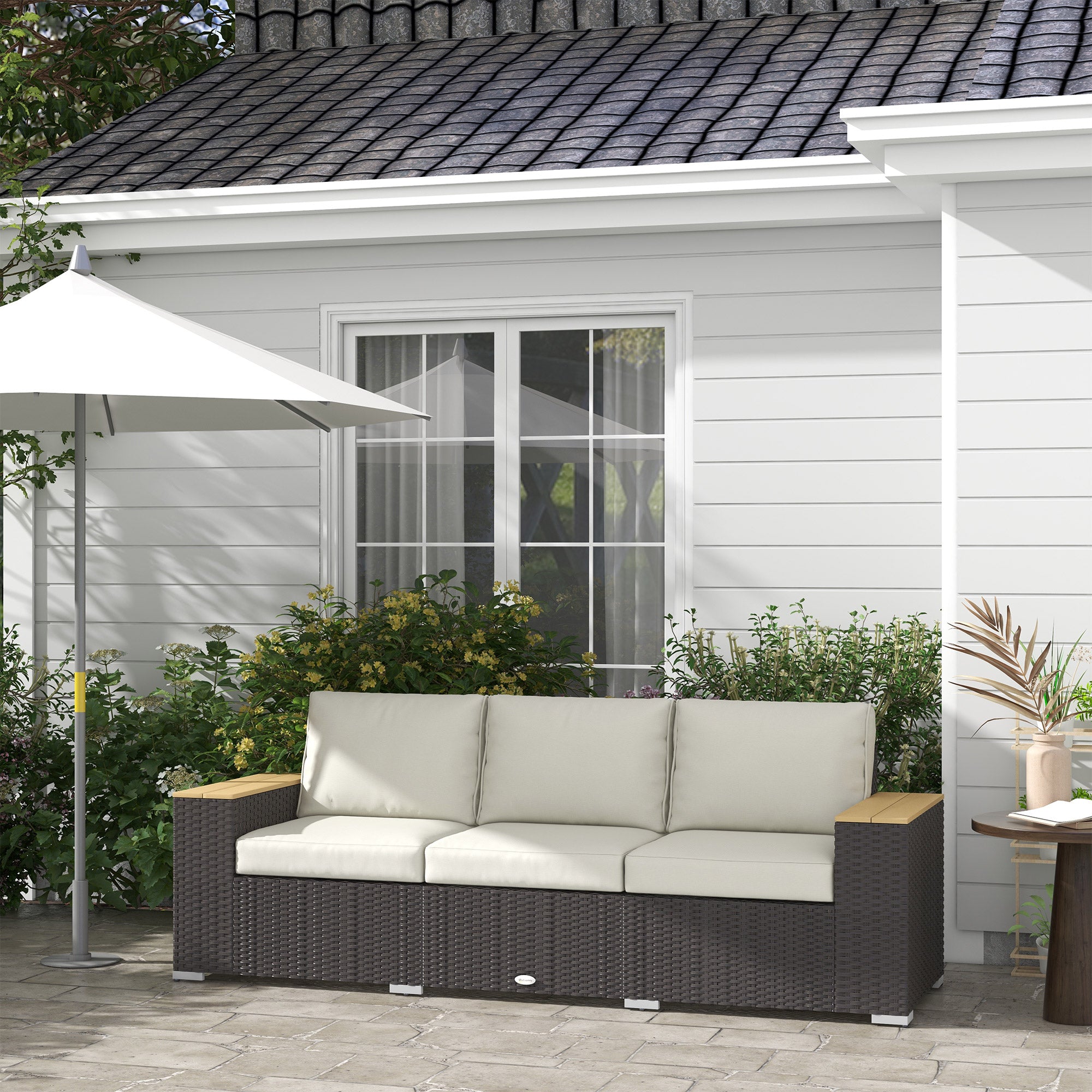 Outsunny 3-Seat Outdoor Patio Sofa, PE Wicker Outdoor Couch with  Extra Wide Deep Seat, Wide Armrests 4" Cushions, Beige