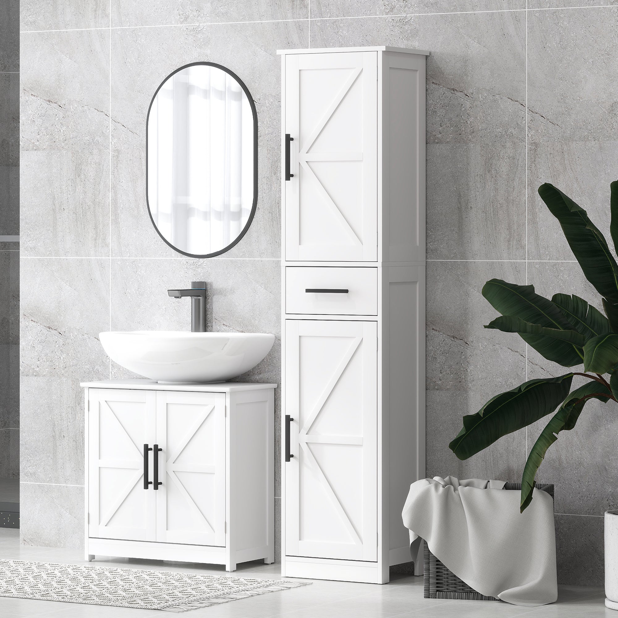 HOMCOM Farmhouse Pedestal Sink Storage Cabinet, Bathroom Sink Cabinet with 2 Barn Doors and Adjustable Shelf, White