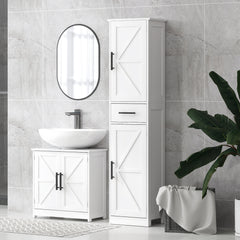 HOMCOM Farmhouse Pedestal Sink Storage Cabinet, Bathroom Sink Cabinet with 2 Barn Doors and Adjustable Shelf, White