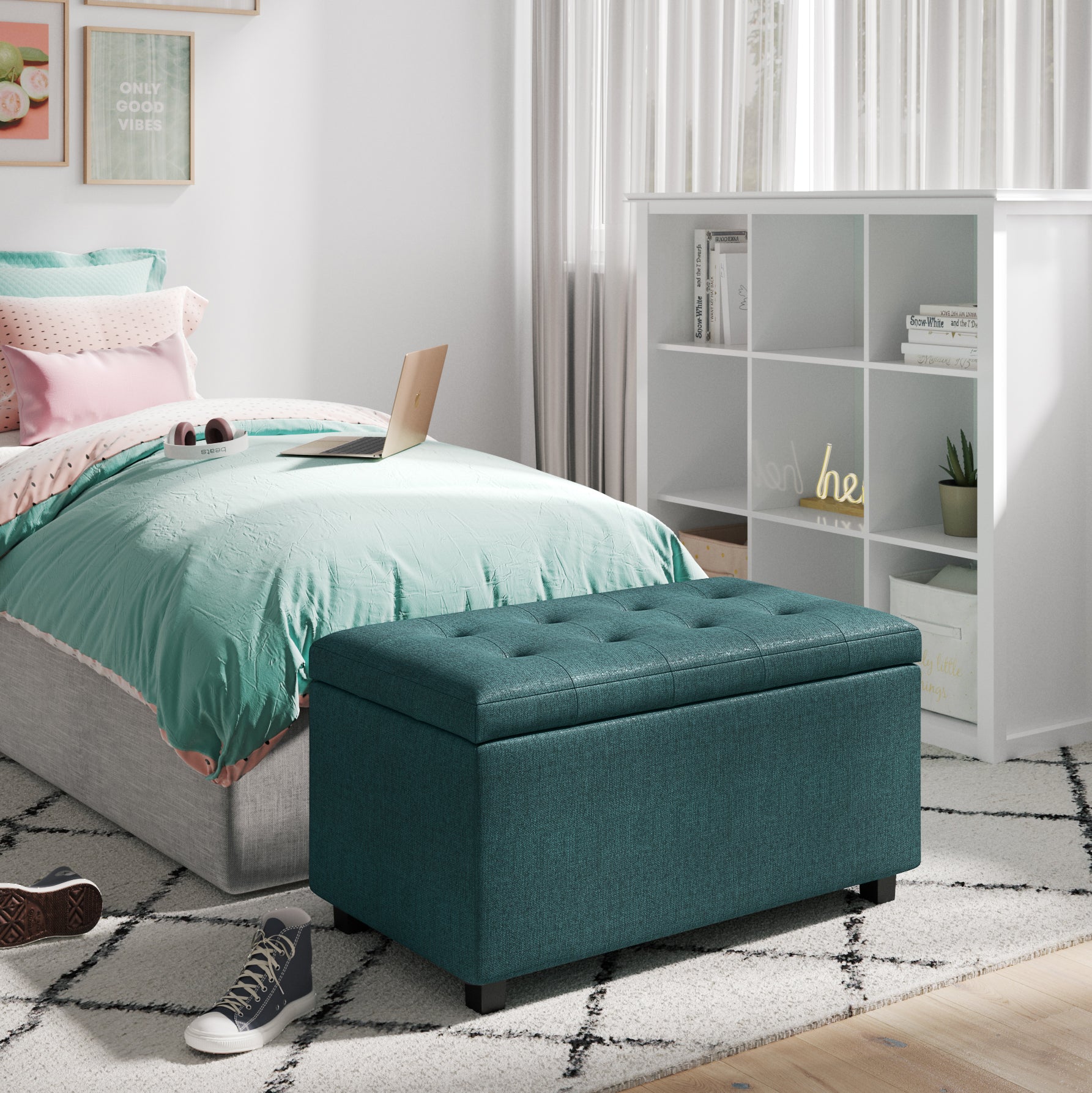 Cosmopolitan 34 inch Wide Storage Ottoman in Teal Polyester Fabric