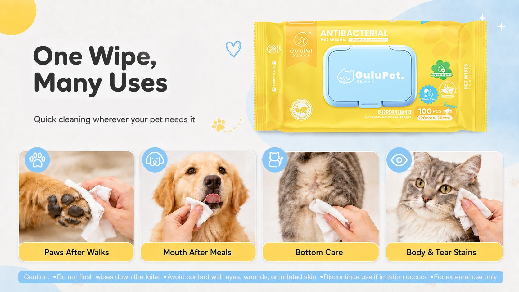 Gulupet Antibacterial Unscented Pet Wipes 100 sheets per pack