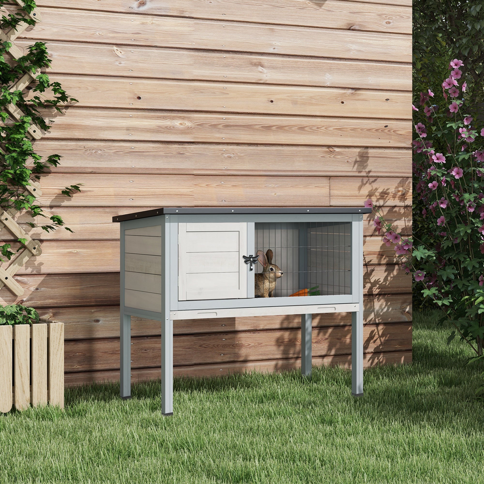 PawHut Elevated Rabbit Hutch, Wooden Bunny Cage with Hinged Asphalt Roof and Removable Tray, for Indoor/Outdoor, Gray