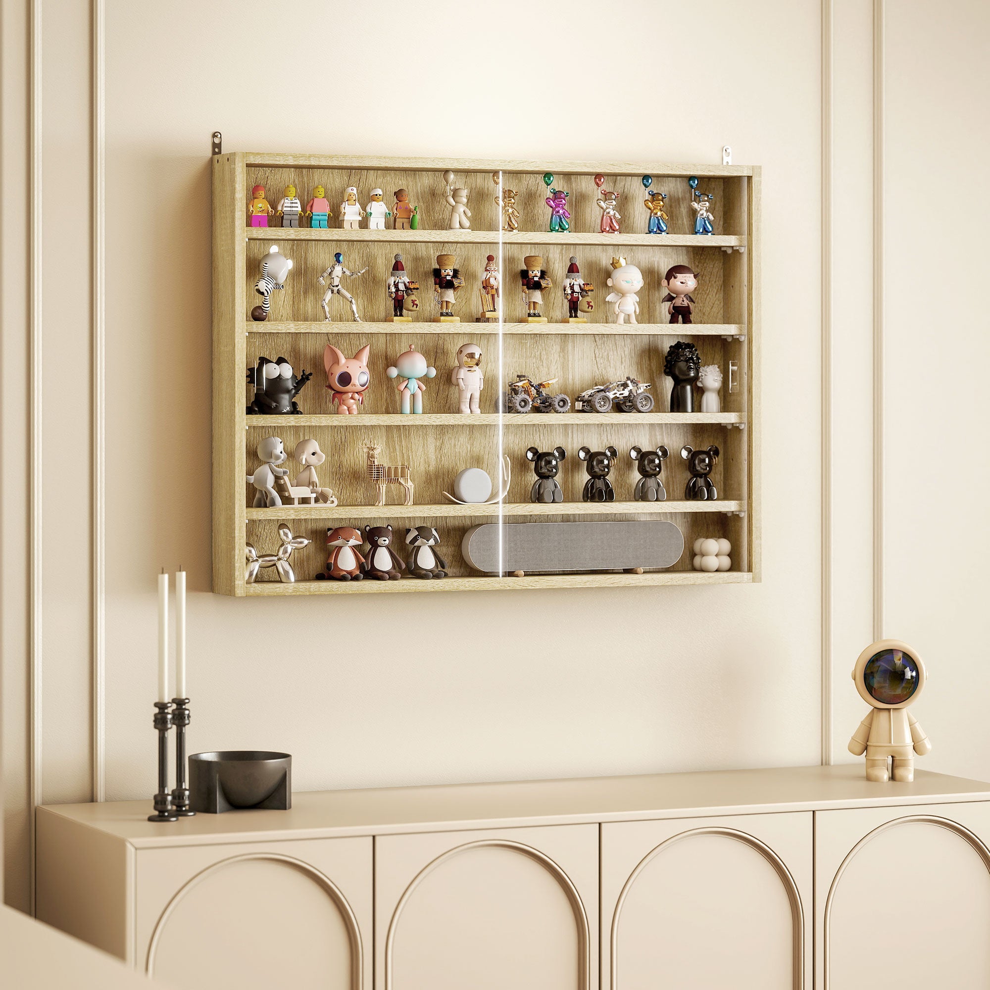 HOMCOM 5-Tier Display Cabinet, Wall-Mounted Display Case with 2 Glass Doors and Adjustable Shelves, Oak