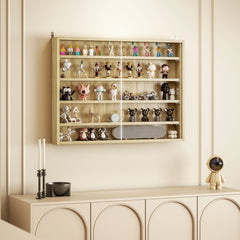 HOMCOM 5-Tier Display Cabinet, Wall-Mounted Display Case with 2 Glass Doors and Adjustable Shelves, Oak