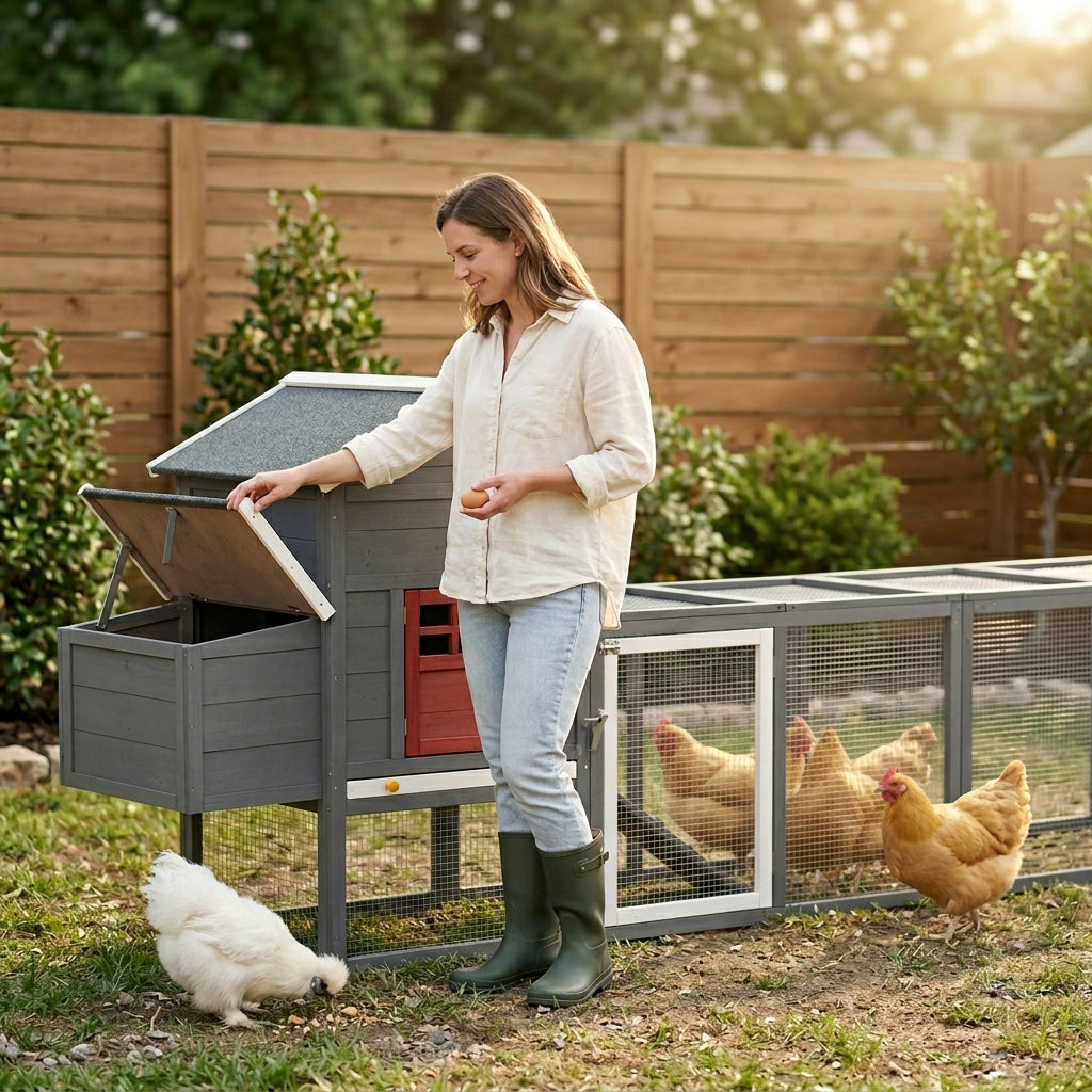 PawHut 118" Extra Large Chicken Coop with Asphalt Roof, Wooden Hen Run with Slide-Out Tray and Nesting Box, Chicken Hutch for 3-6 Chickens, Gray