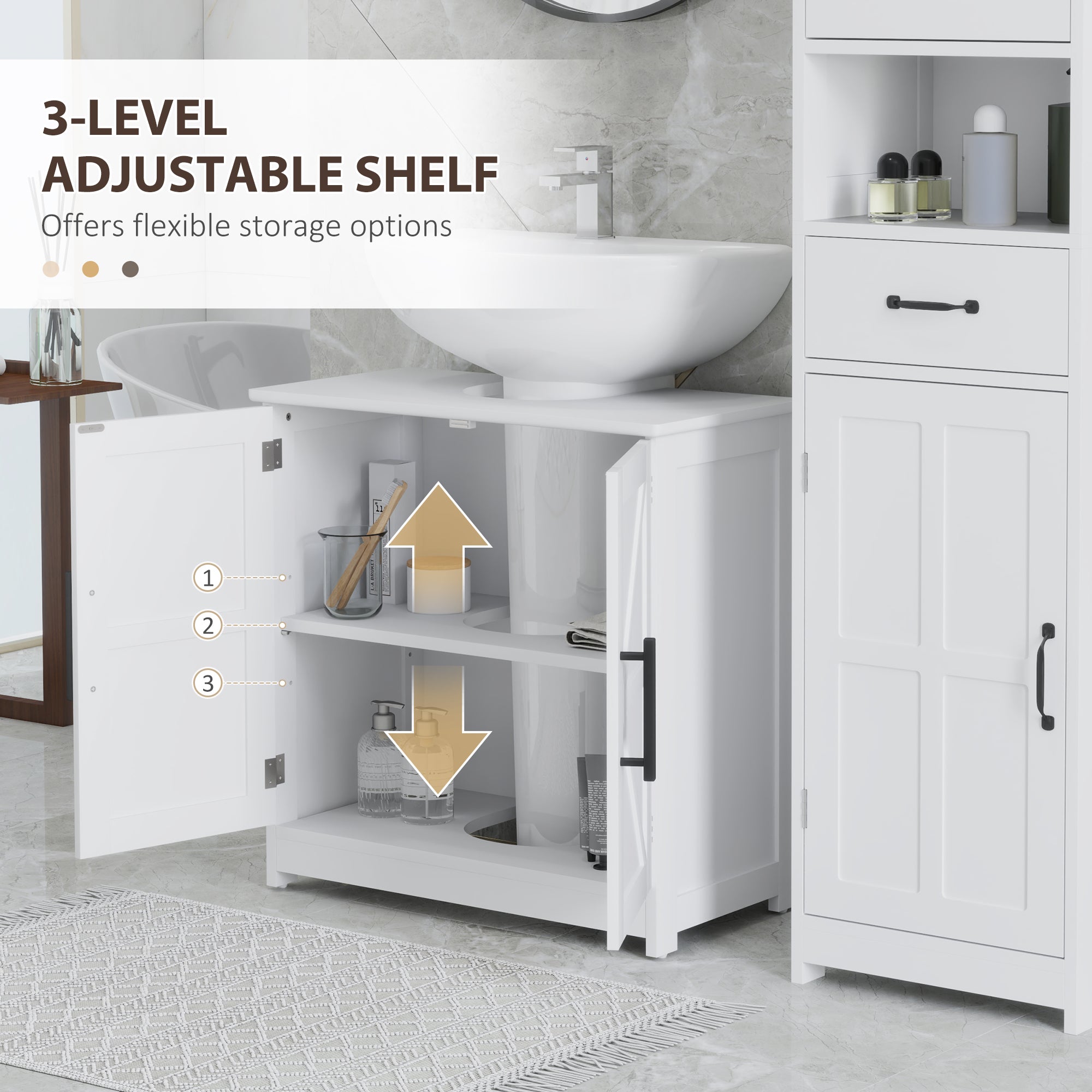 HOMCOM Farmhouse Pedestal Sink Storage Cabinet, Bathroom Sink Cabinet with 2 Barn Doors and Adjustable Shelf, White