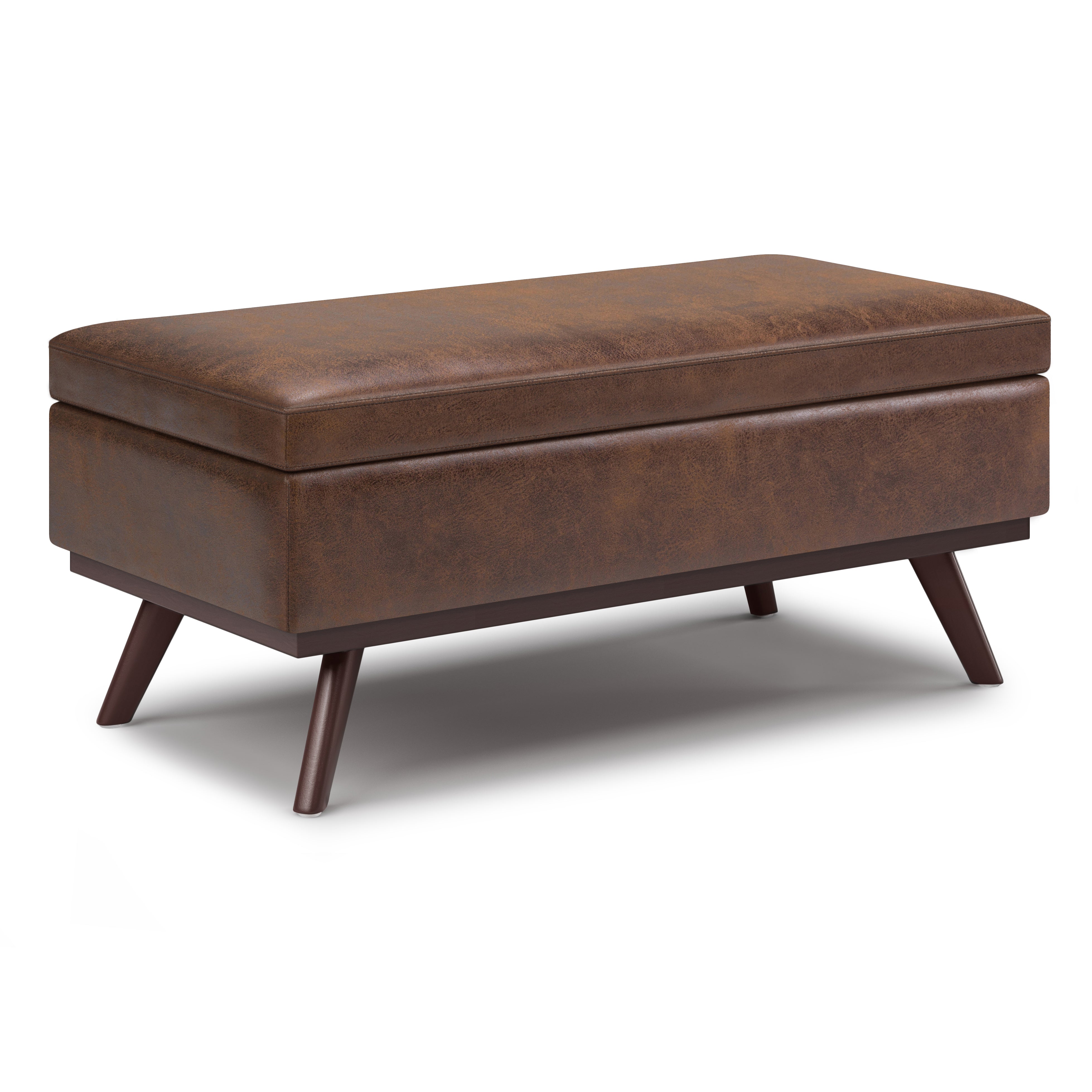 Owen 42 inch Wide Lift Top Large Coffee Table Storage Ottoman in Distressed Chestnut Brown Vegan Leather