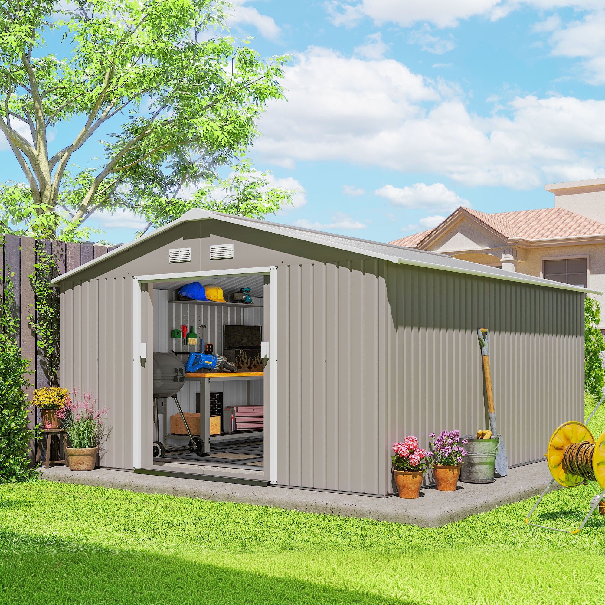Outsunny Garden Metal Shed, Storage Shed Utility Storage with Double Locking Doors for Bike, Yard Tools, Light Gray