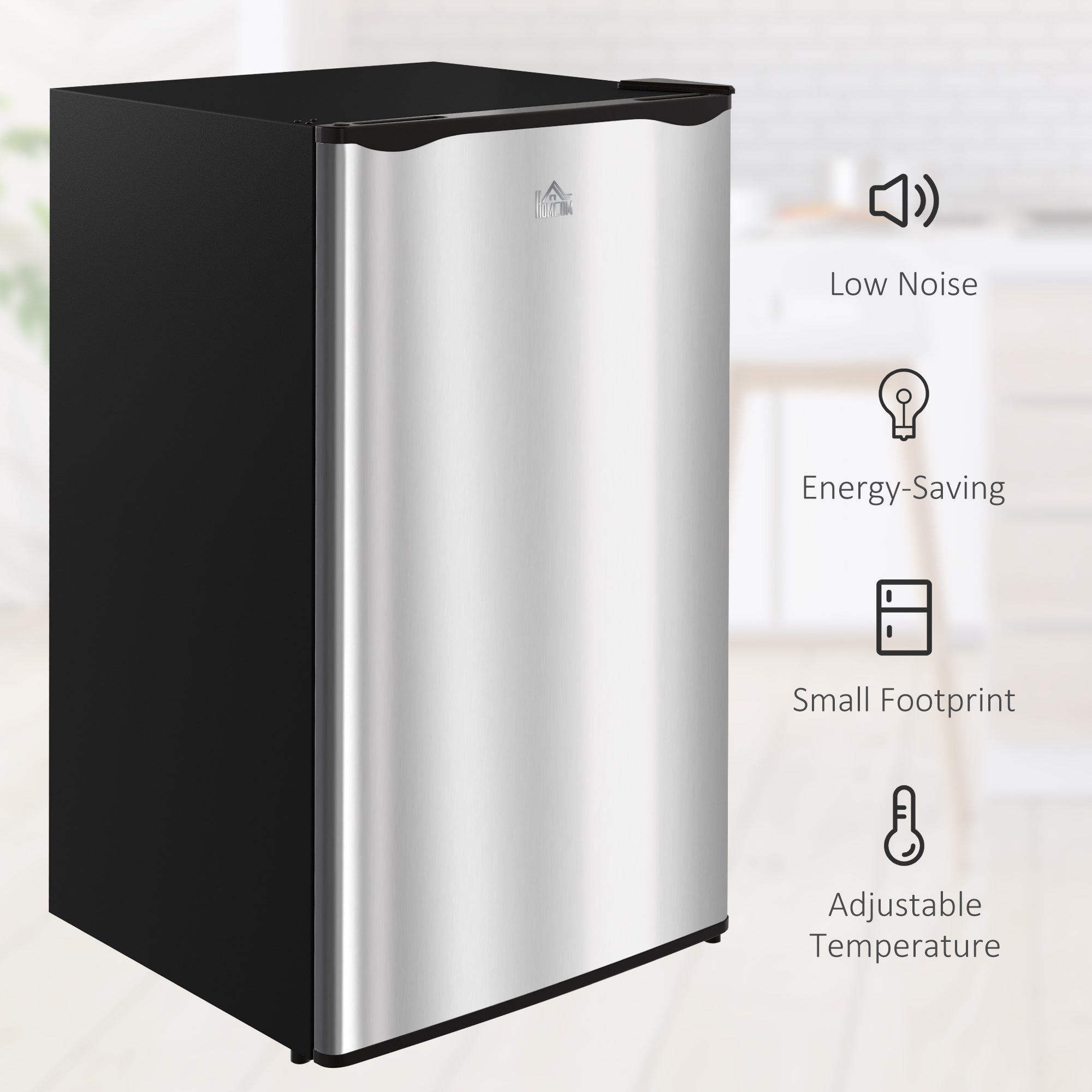 HOMCOM 3.2 Cu.Ft Mini Fridge with Freezer, Compact Refrigerator with Adjustable Thermostat, Shelf and Single Reversible Door for Bedroom, Dorm, Home Office, Energy Efficient, Silver