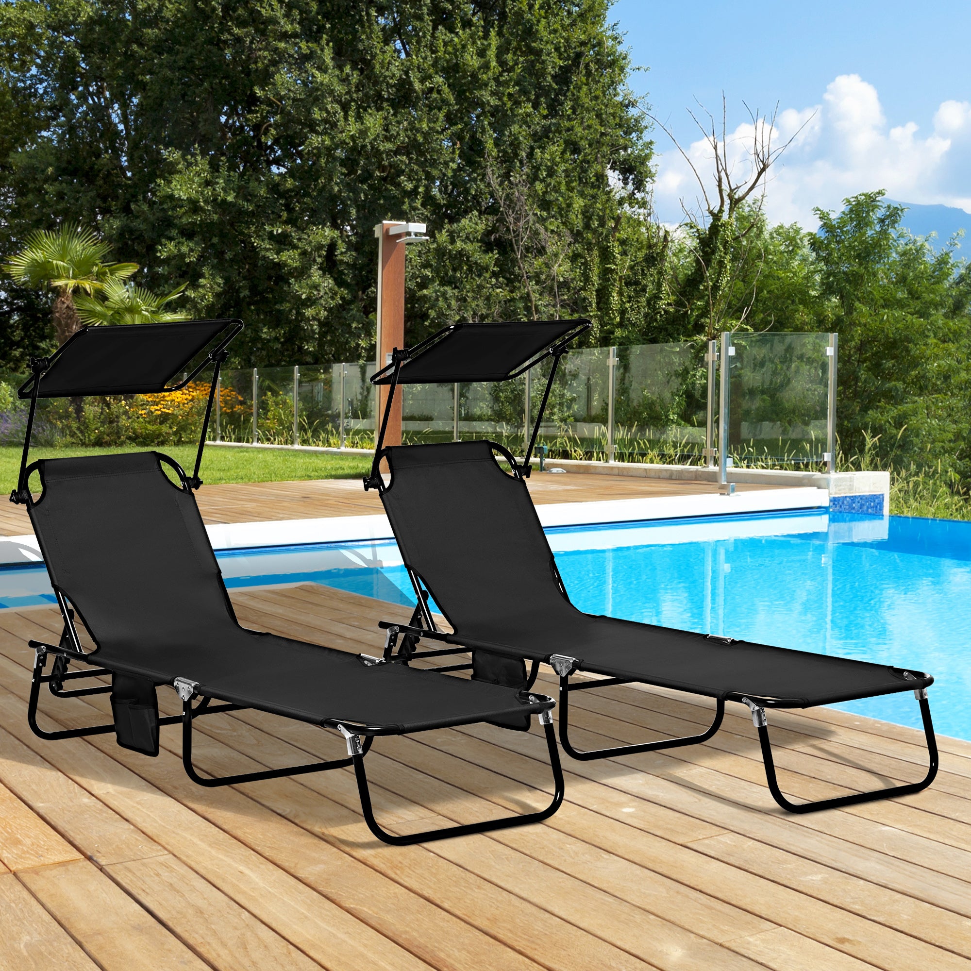 Outsunny Chaise Pool Lounge Chairs Set of 2, Outdoor Sun Tanning Chairs, Reclining Back, Steel Frame and Side Pocket, Black