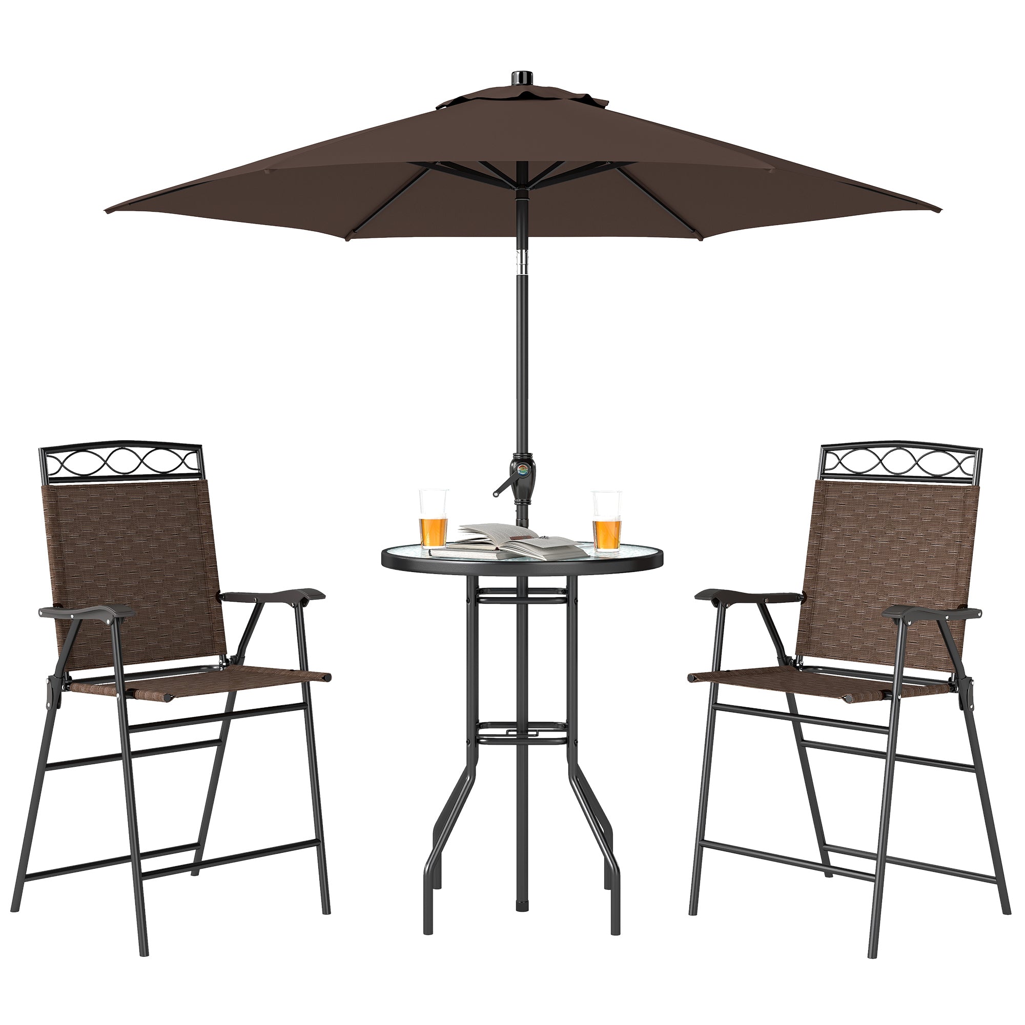 Outsunny 4 Piece Outdoor Bar Set with Umbrella, Patio Dining Set with 2 Folding Chairs, Wave Textured Tempered Glass Table for Backyard, Garden, Deck, Poolside, Brown