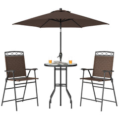 Outsunny 4 Piece Outdoor Bar Set with Umbrella, Patio Dining Set with 2 Folding Chairs, Wave Textured Tempered Glass Table for Backyard, Garden, Deck, Poolside, Brown