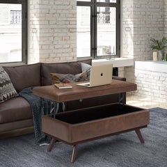 Owen 42 inch Wide Lift Top Large Coffee Table Storage Ottoman in Distressed Chestnut Brown Vegan Leather