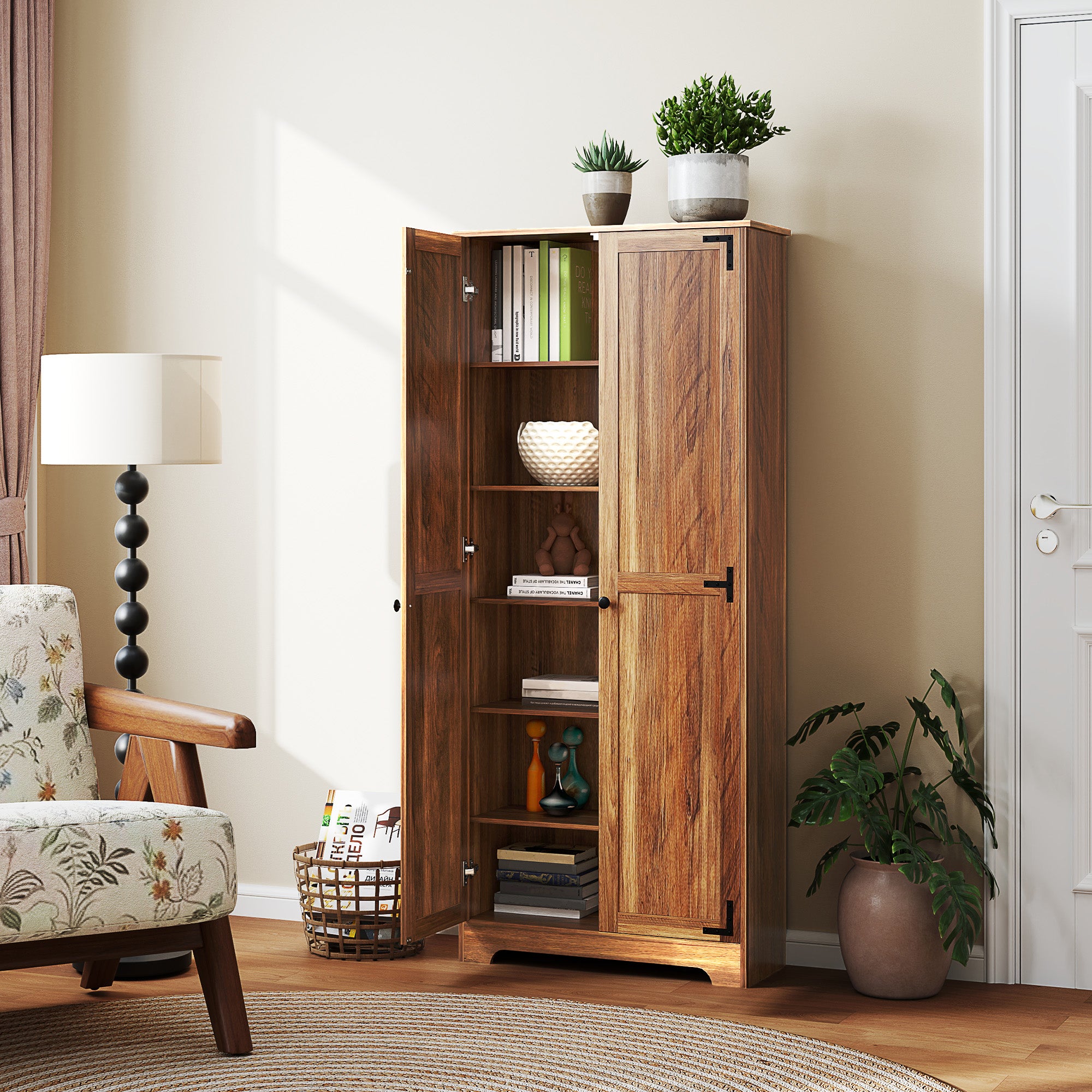 HOMCOM 72" Farmhouse Pantry Cabinet, Freestanding Food Pantry Cabinet with Adjustable Shelves, Brown