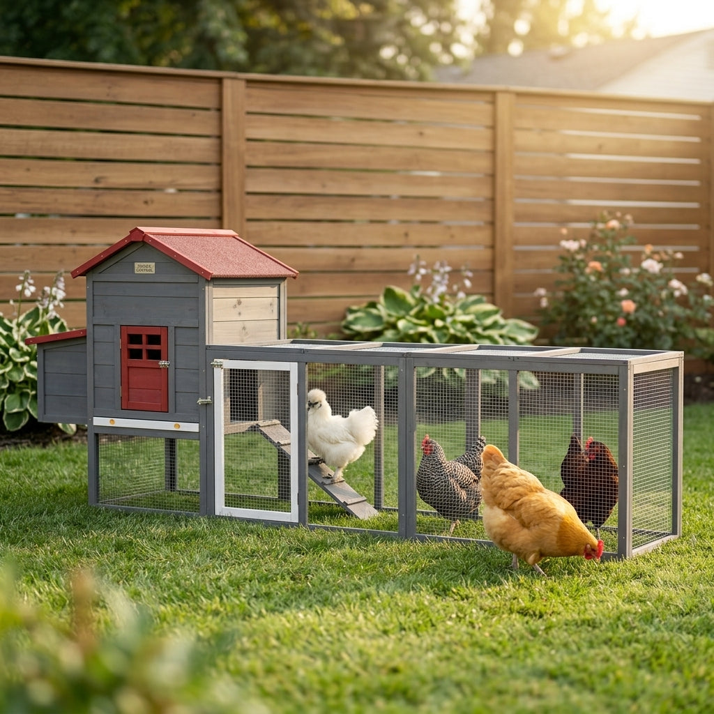 PawHut 118" Extra Large Chicken Coop with Asphalt Roof, Wooden Hen Run with Slide-Out Tray and Nesting Box, Chicken Hutch for 3-6 Chickens, Gray
