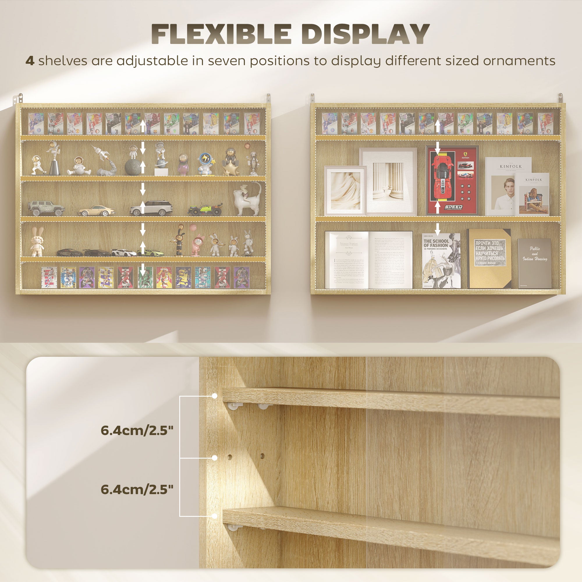 HOMCOM 5-Tier Display Cabinet, Wall-Mounted Display Case with 2 Glass Doors and Adjustable Shelves, Oak