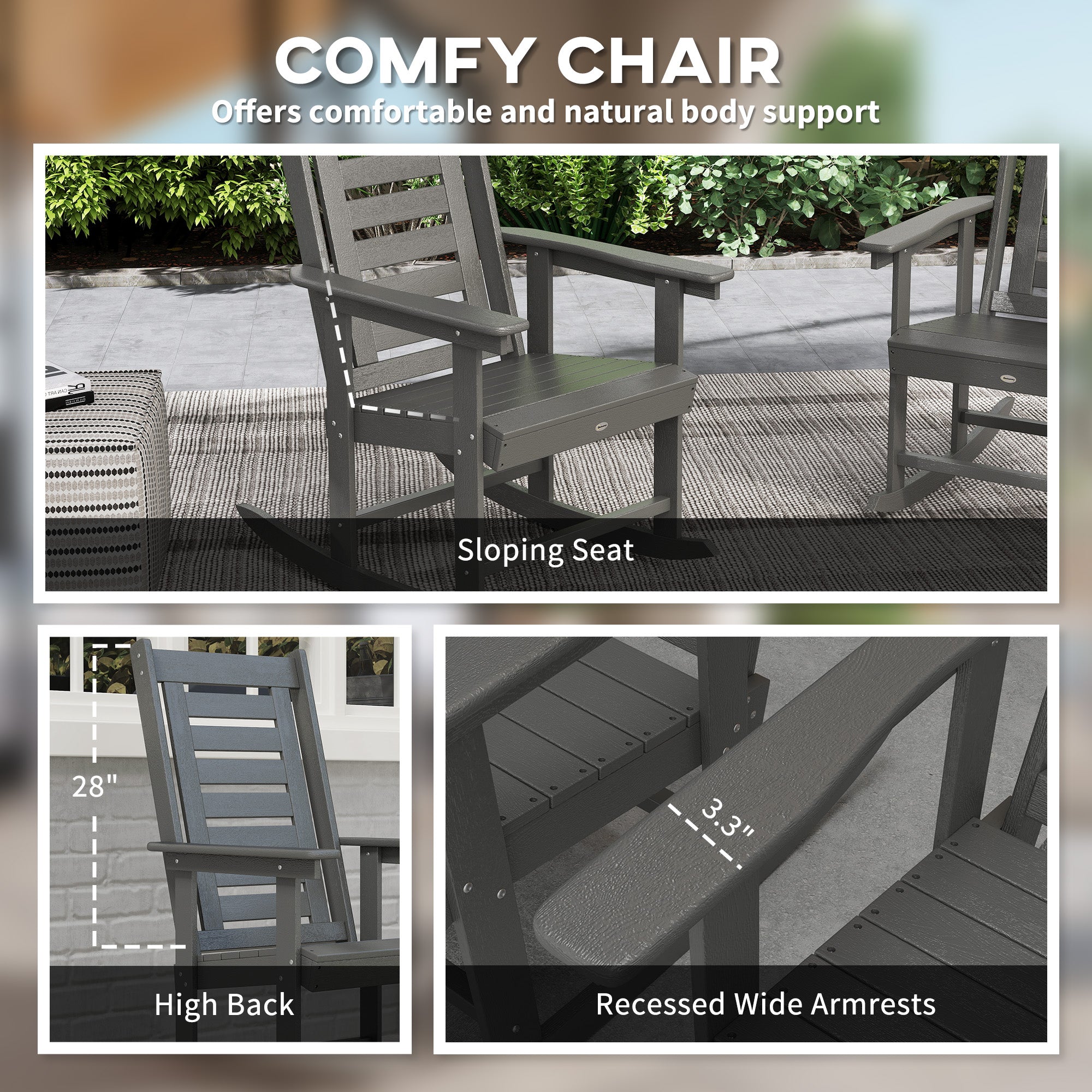 Outsunny 2 Pieces Outdoor Rocking Chairs, HDPE Patio Rockers with 28" High Back, Wide Armrests for Porch Backyard, Dark Gray