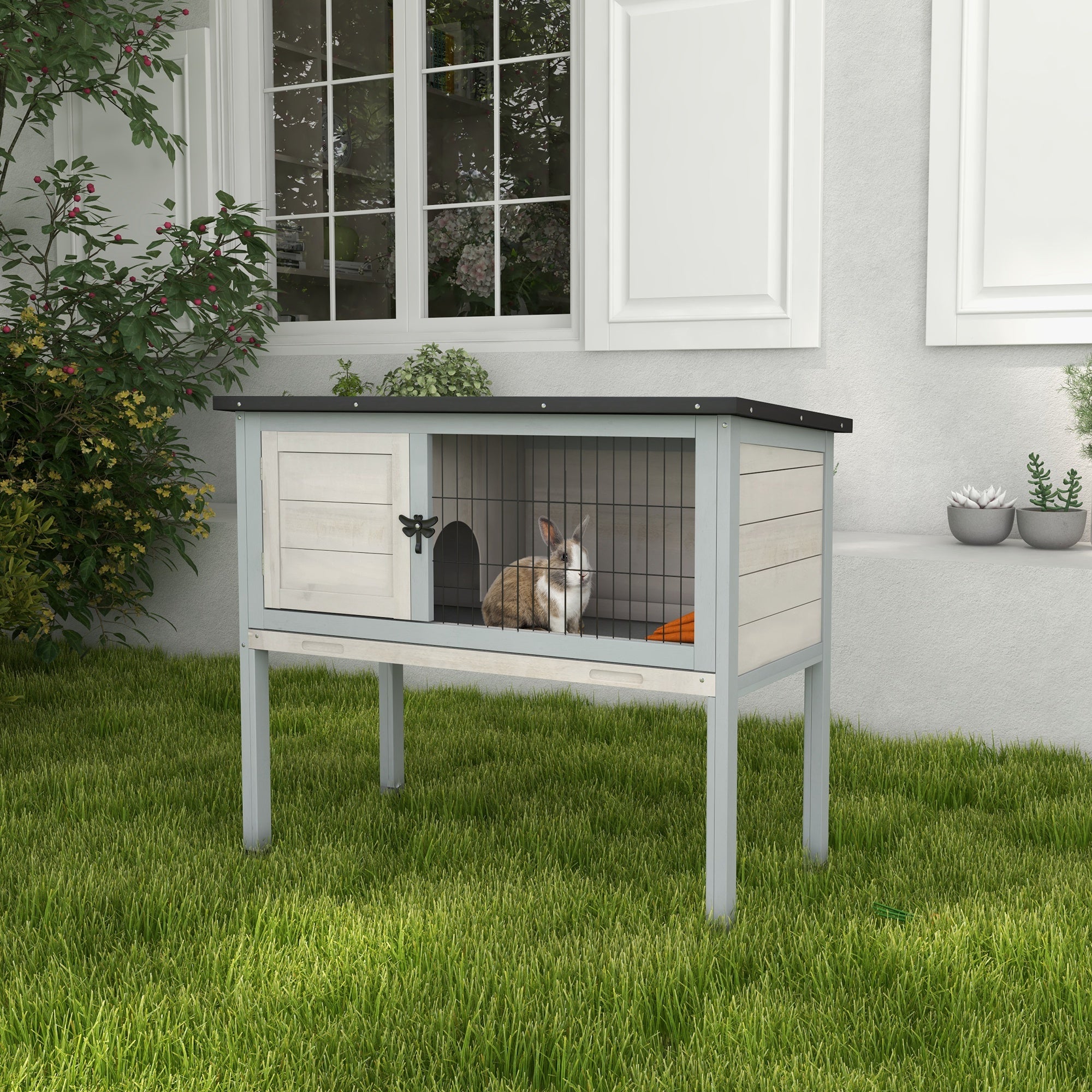PawHut Elevated Rabbit Hutch, Wooden Bunny Cage with Hinged Asphalt Roof and Removable Tray, for Indoor/Outdoor, Gray