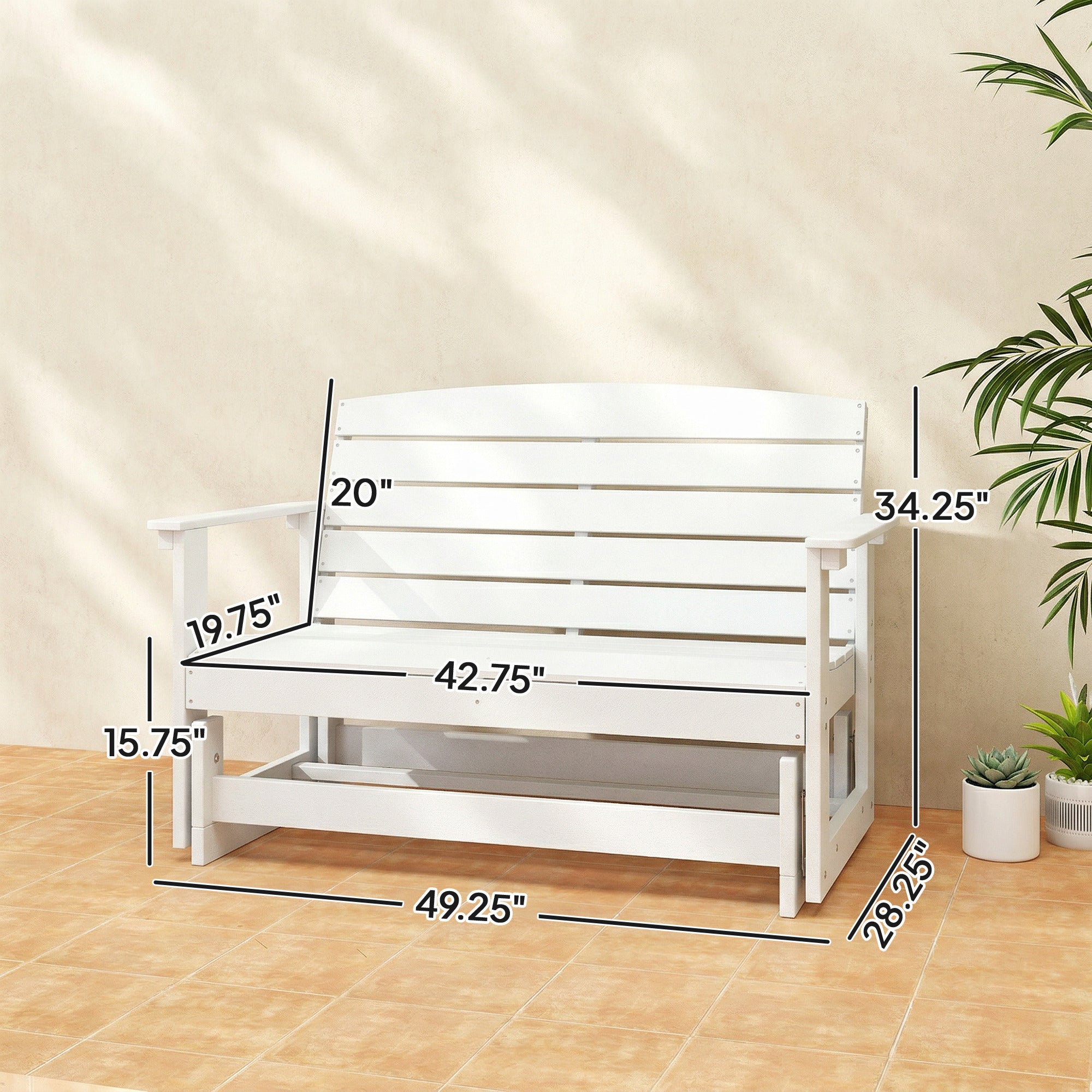 Outsunny Patio Glider Bench w/ HDPE Slatted Double Rocking Chair, White