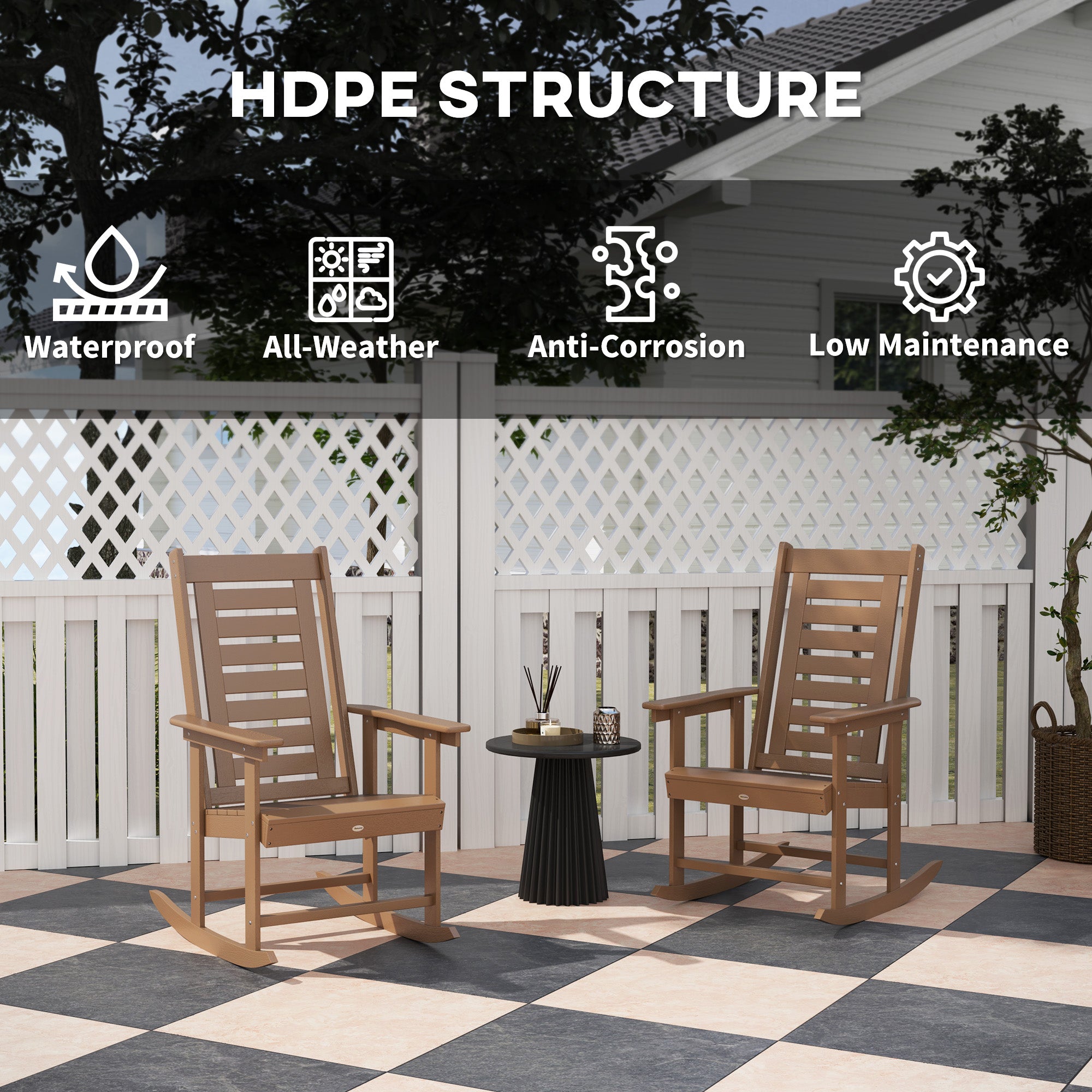 Outsunny 2 Pieces Outdoor Rocking Chairs, HDPE Patio Rockers with 28" High Back, Wide Armrests for Porch Backyard, Brown