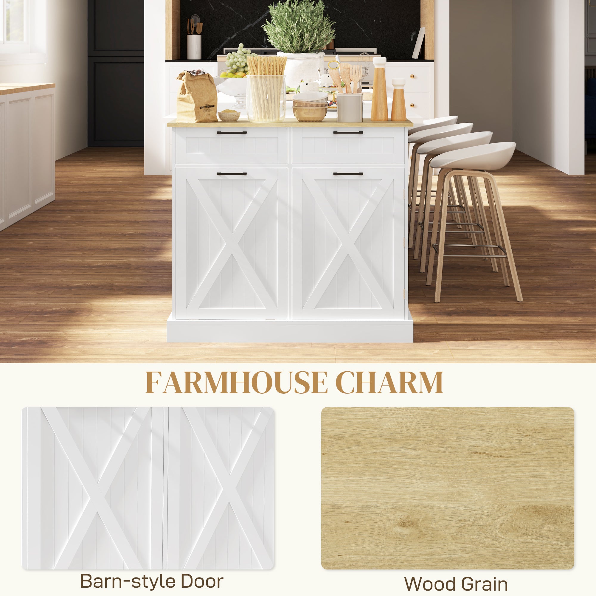 HOMCOM 10 Gallon Farmhouse Kitchen Cabinet with Hidden Trash Can and 2 Drawers, Tilt Out Trash Can Cabinet for Kitchen, White
