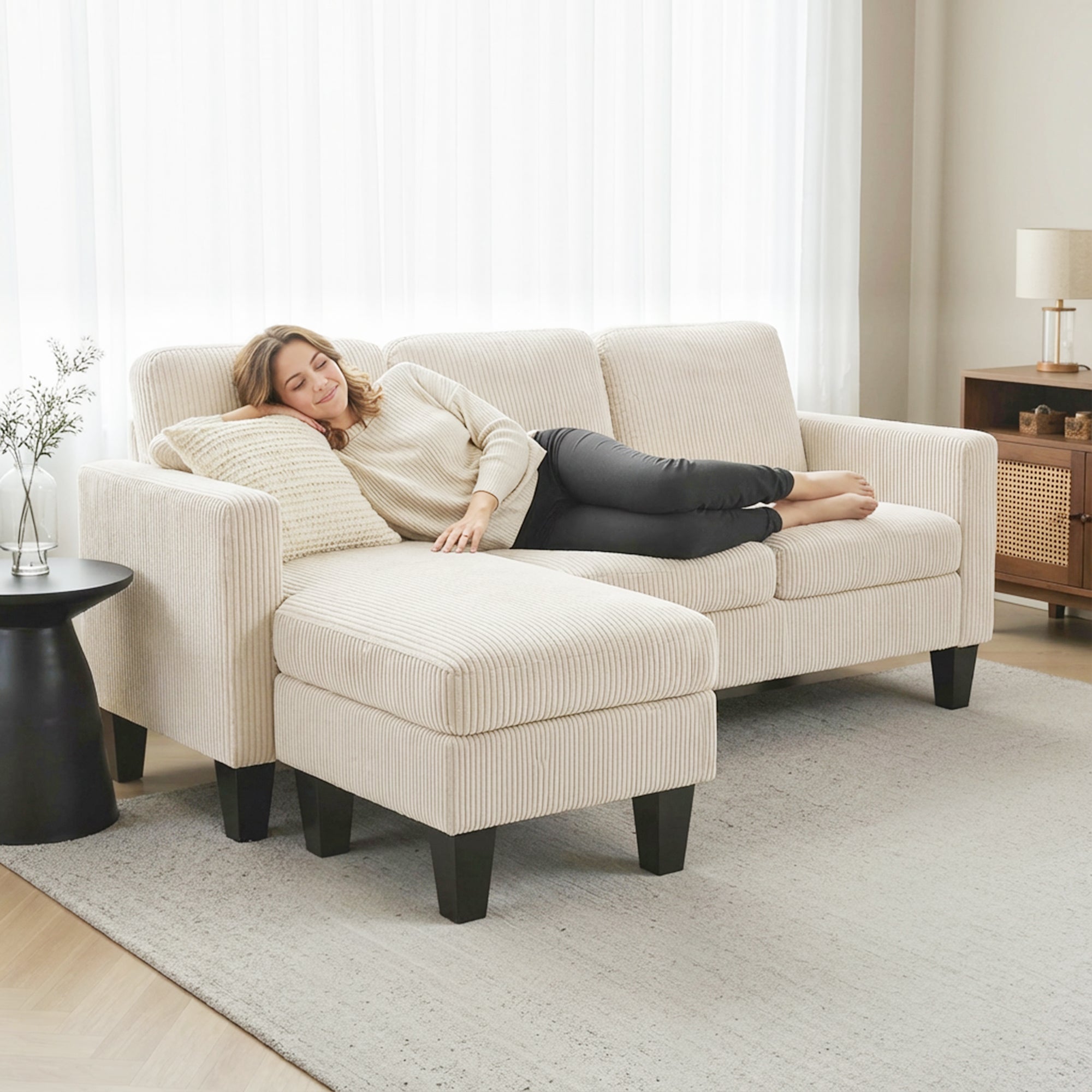 HOMCOM Sectional Sofa, L Shaped Couch, with Reversible Chaise or Ottoman, Cream White