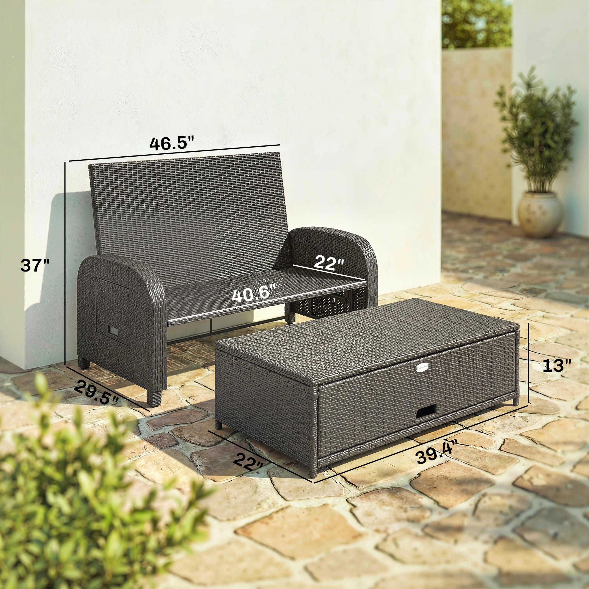 Outsunny Patio Rattan Daybed, Wicker Outdoor Daybed with Storage Ottoman, Loveseat w/ Adjustable Backrest, Navy Blue