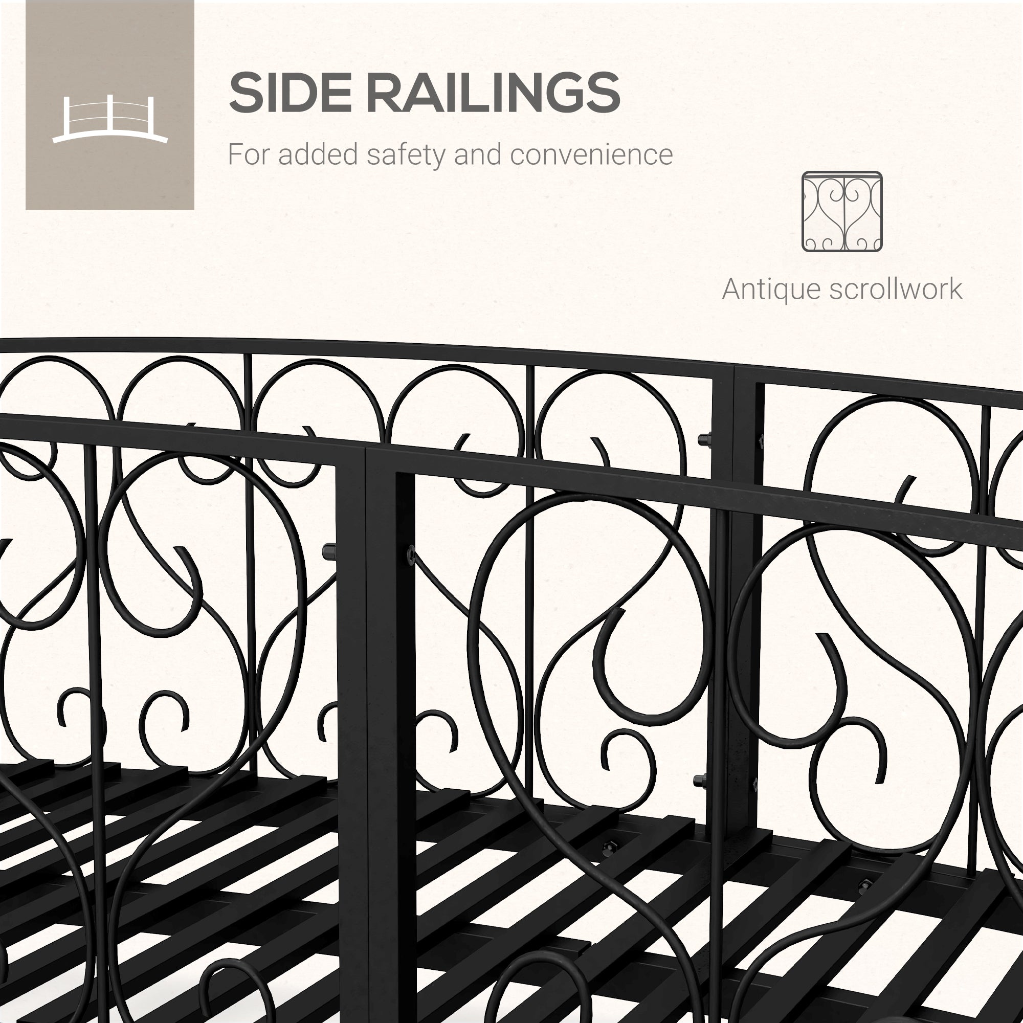 Outsunny 7' Metal Arch Garden Bridge Arc Footbridge with Side Railings Decorative Scrollwork, Black