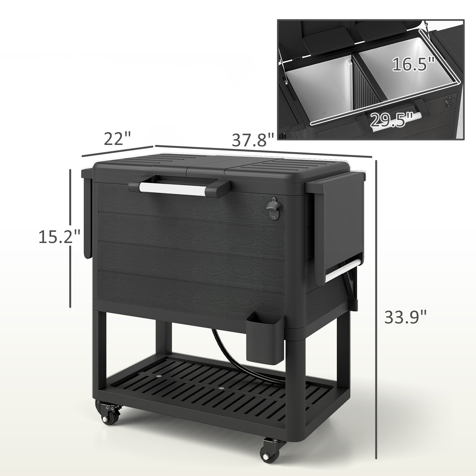 Outsunny 104 Quart Large Capacity Outdoor Cooler Cart, Patio Rolling Ice Chest with Bottle Opener Shelves Wheels, Black