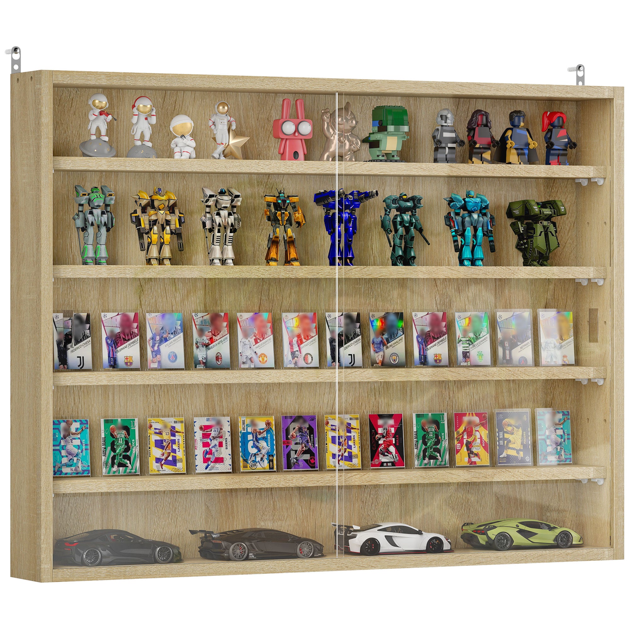 HOMCOM 5-Tier Display Cabinet, Wall-Mounted Display Case with 2 Glass Doors and Adjustable Shelves, Oak