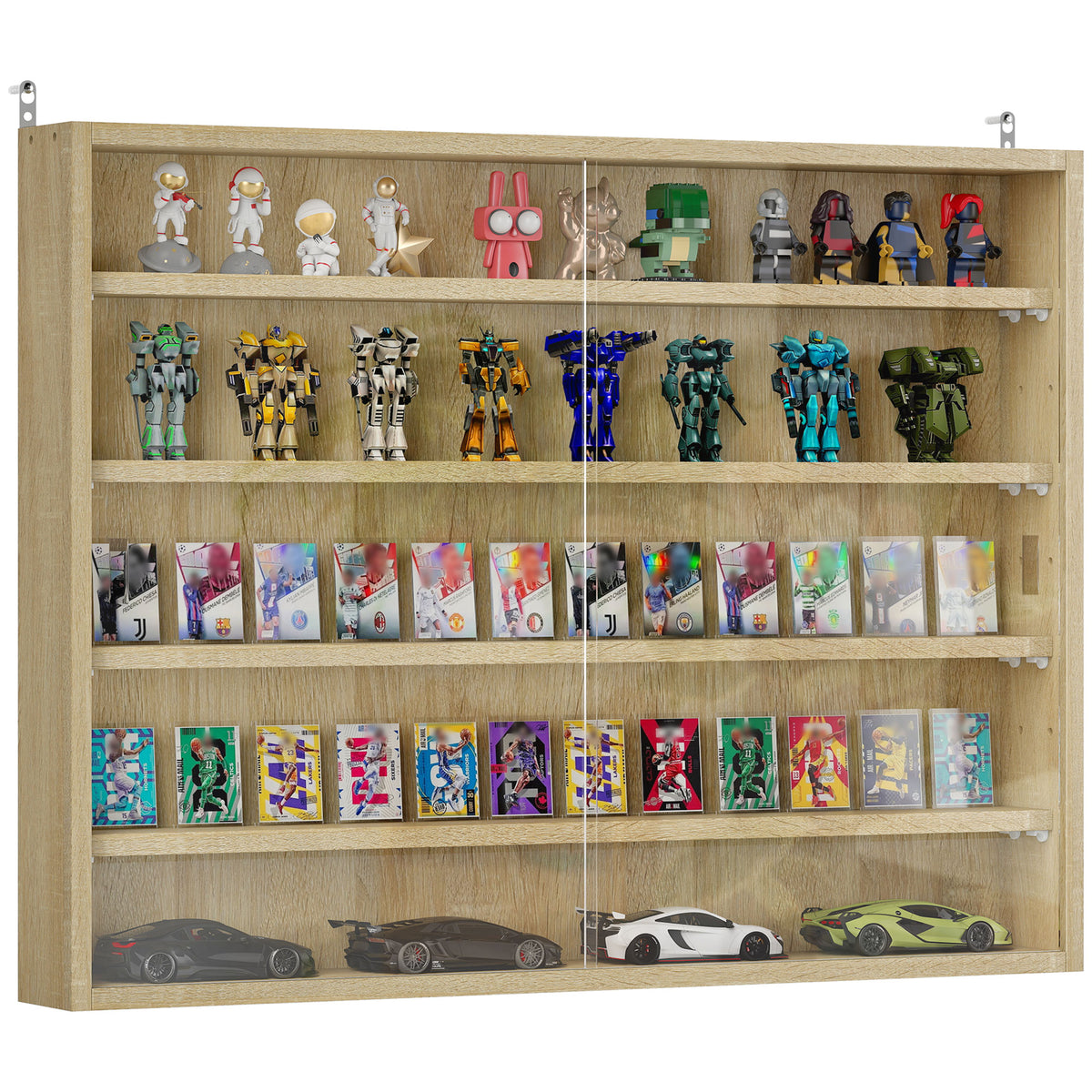 HOMCOM 5-Tier Display Cabinet, Wall-Mounted Display Case with 2 Glass Doors and Adjustable Shelves, Oak