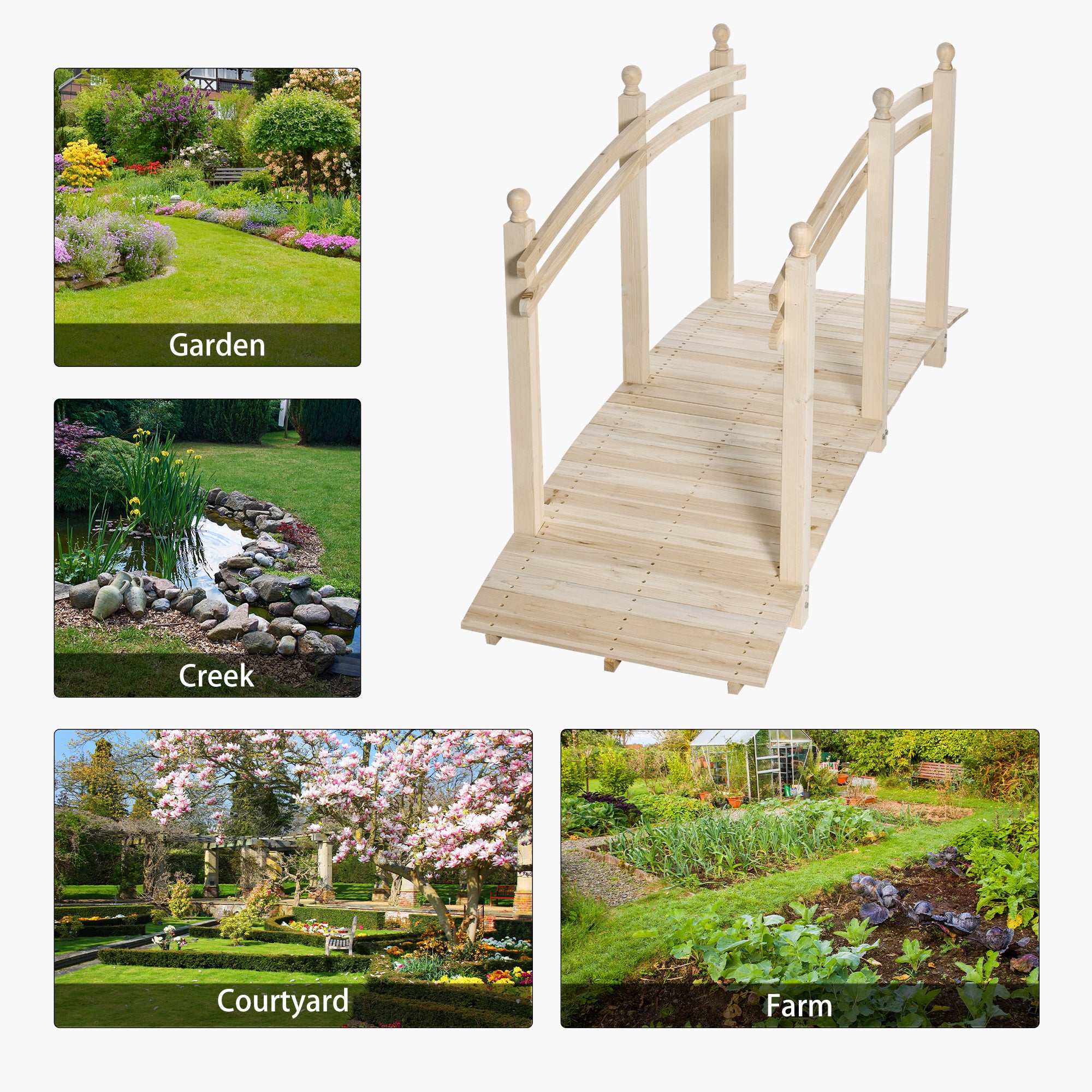 Outsunny Wooden Arch Garden Bridge, Safety Rails for Backyard Ponds, Creeks, Streams, 7.5' , Natural