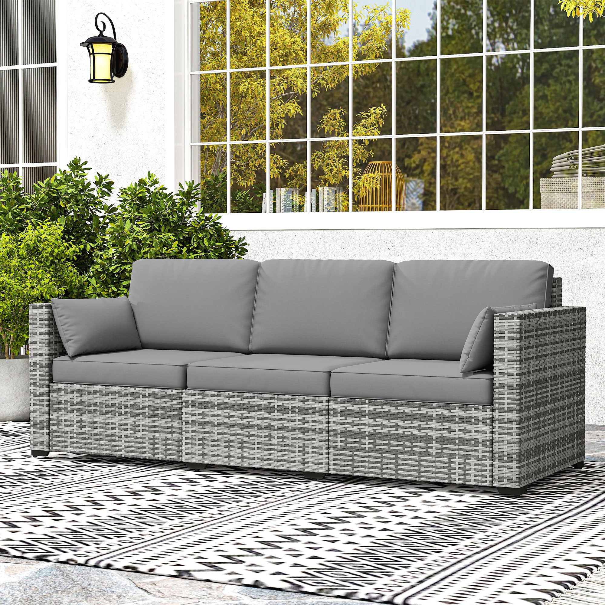 Outsunny Patio Couch PE Wicker Deep Seating Outdoor Sofa with Removable Cushions, 3 Seater Rattan Sofa, Outdoor Furniture for Balcony, Deck, Garden and Poolside, Gray