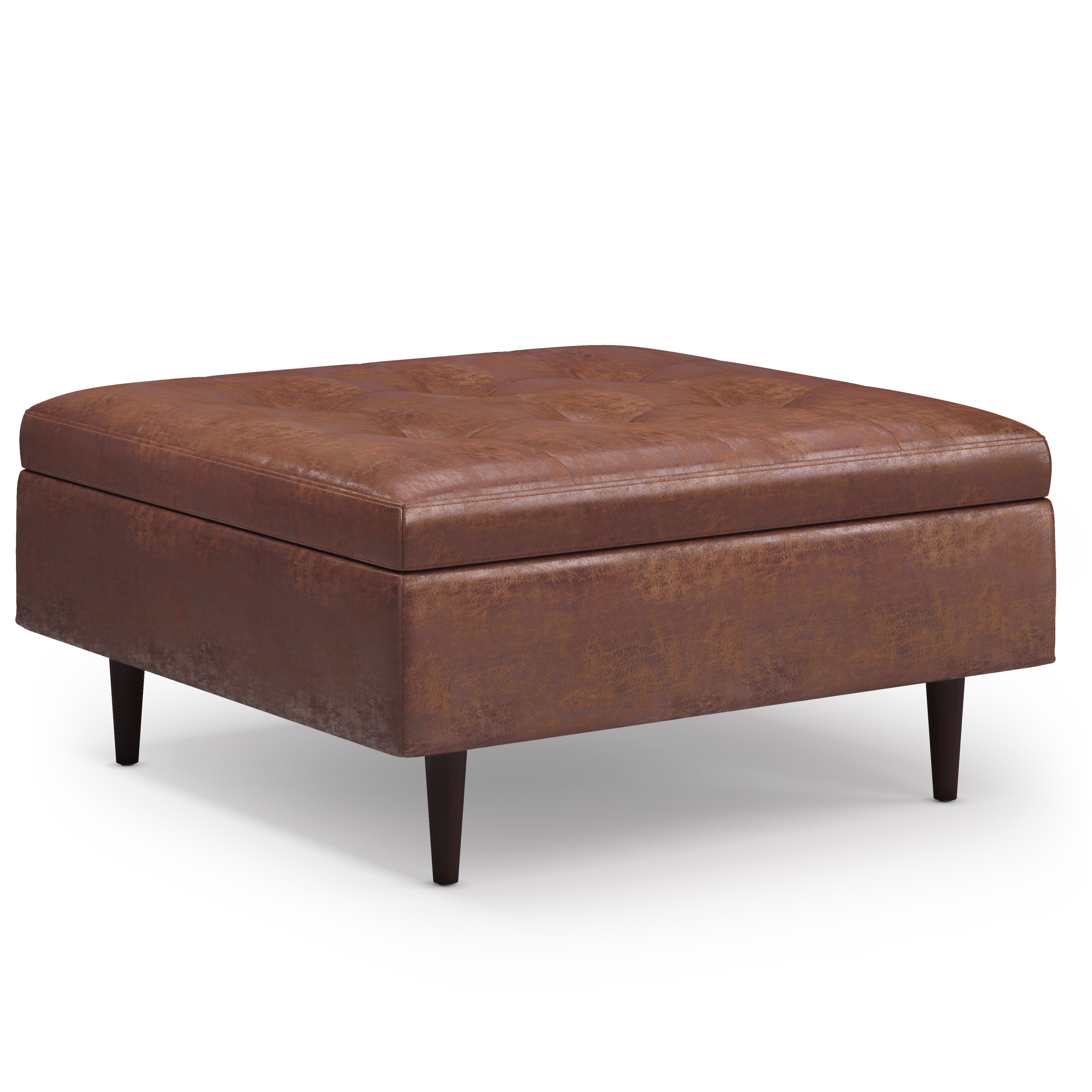 Shay 38 inch Wide Mid-Century Large Square Coffee Table Storage Ottoman in Distressed Saddle Brown Vegan Leather