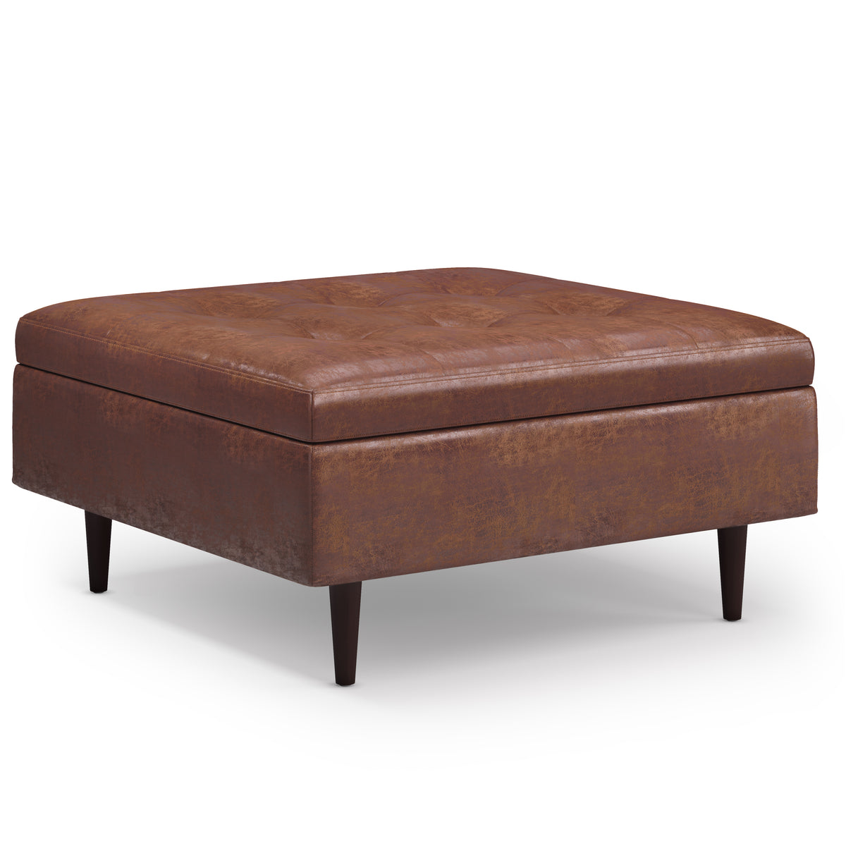 Shay 38 inch Wide Mid-Century Large Square Coffee Table Storage Ottoman in Distressed Saddle Brown Vegan Leather