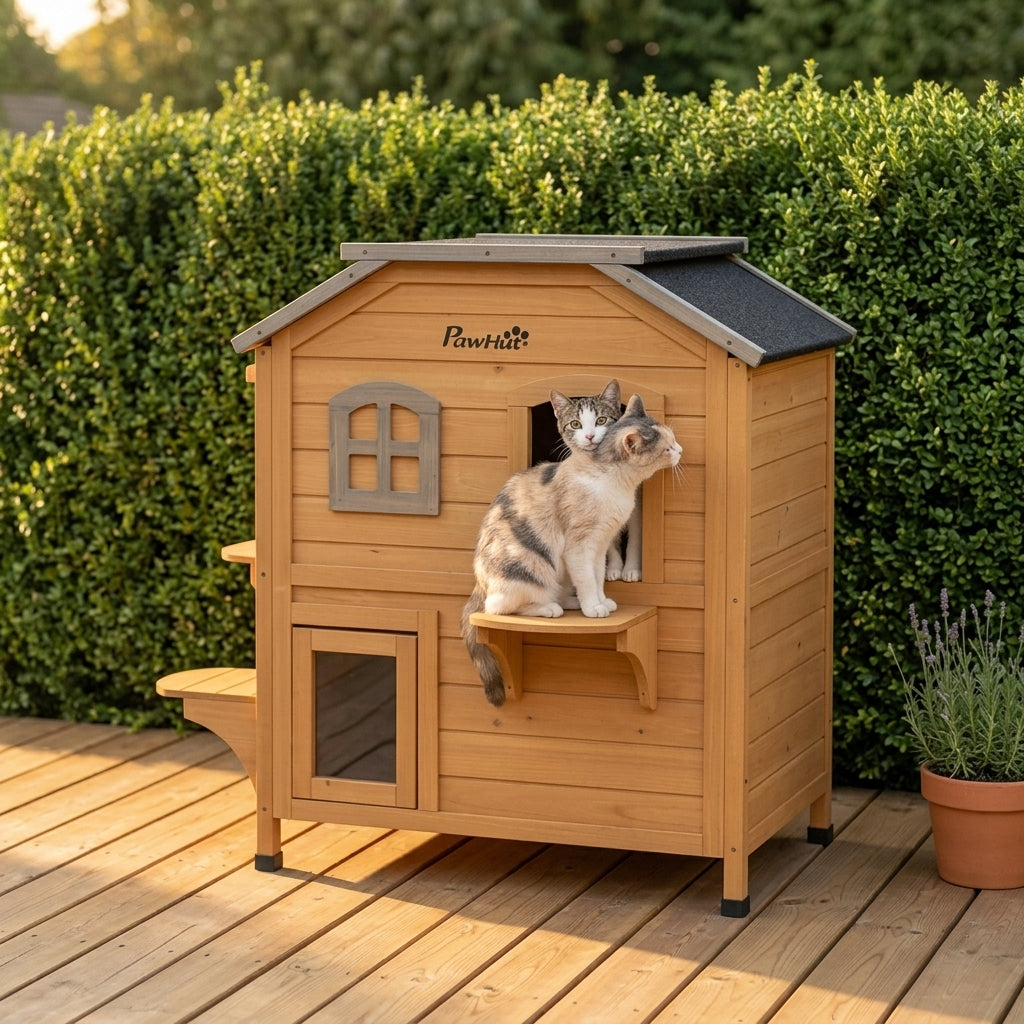 PawHut 2-story Cat House Outdoor, Weatherproof Wooden Cat Enclosure for Feral Cats with Escape Door, Openable Roof, Jumping Platforms, Natural