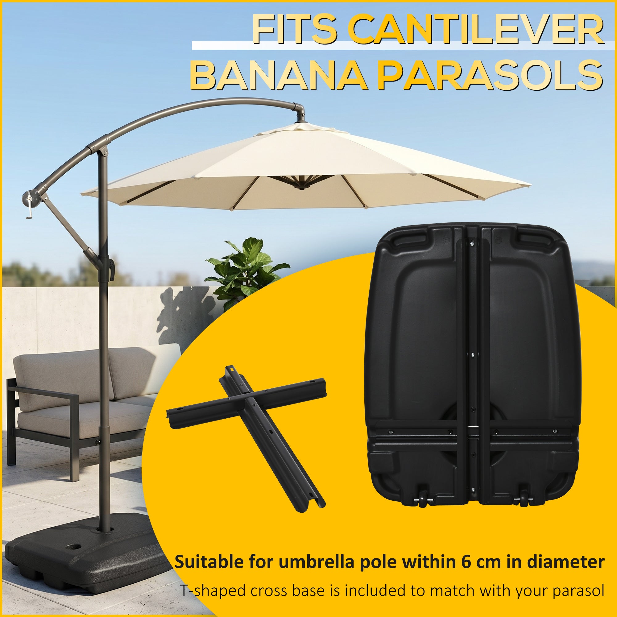 Outsunny Cantilever Offset Umbrella Base Portable Square Parasol Weights with Wheels, Water and Sand Filled, Up to 165 lbs, Black