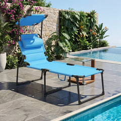 Outsunny Outdoor Lounge Chair, 4 Position Adjustable Backrest, Folding, Cushioned w/ Sun Shade Roof & Pillow, Blue